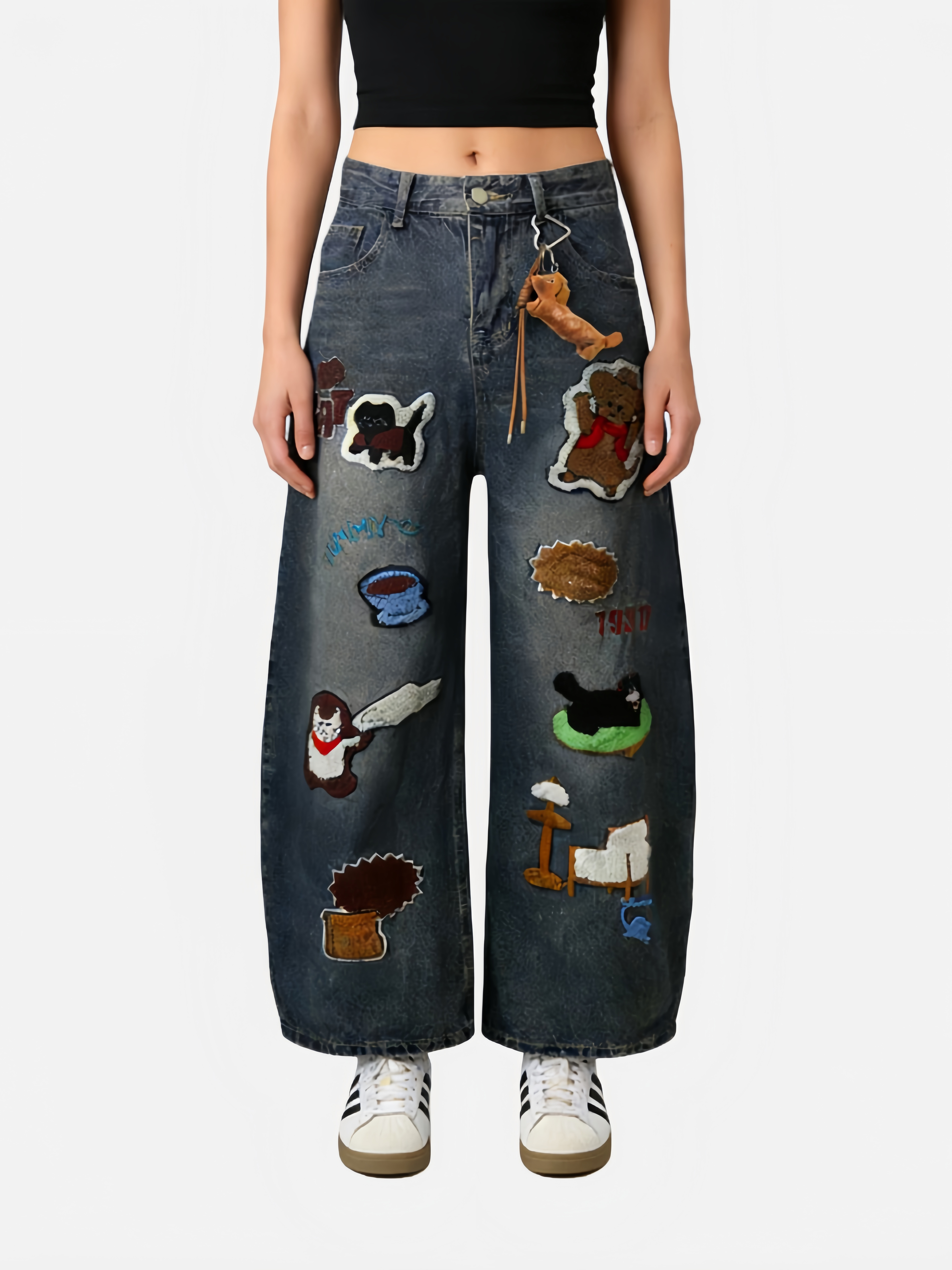 Haaura  Animal Applique Embroidery Barrel Jeans