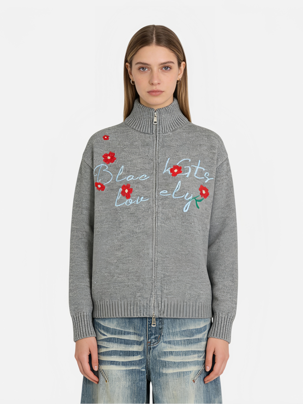Haaura Black Lovely Floral Zip Cardigan