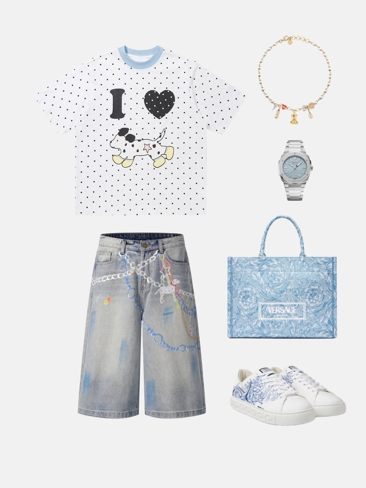 Haaura Chain & Dalmatian Graffiti Splatter Print Jorts