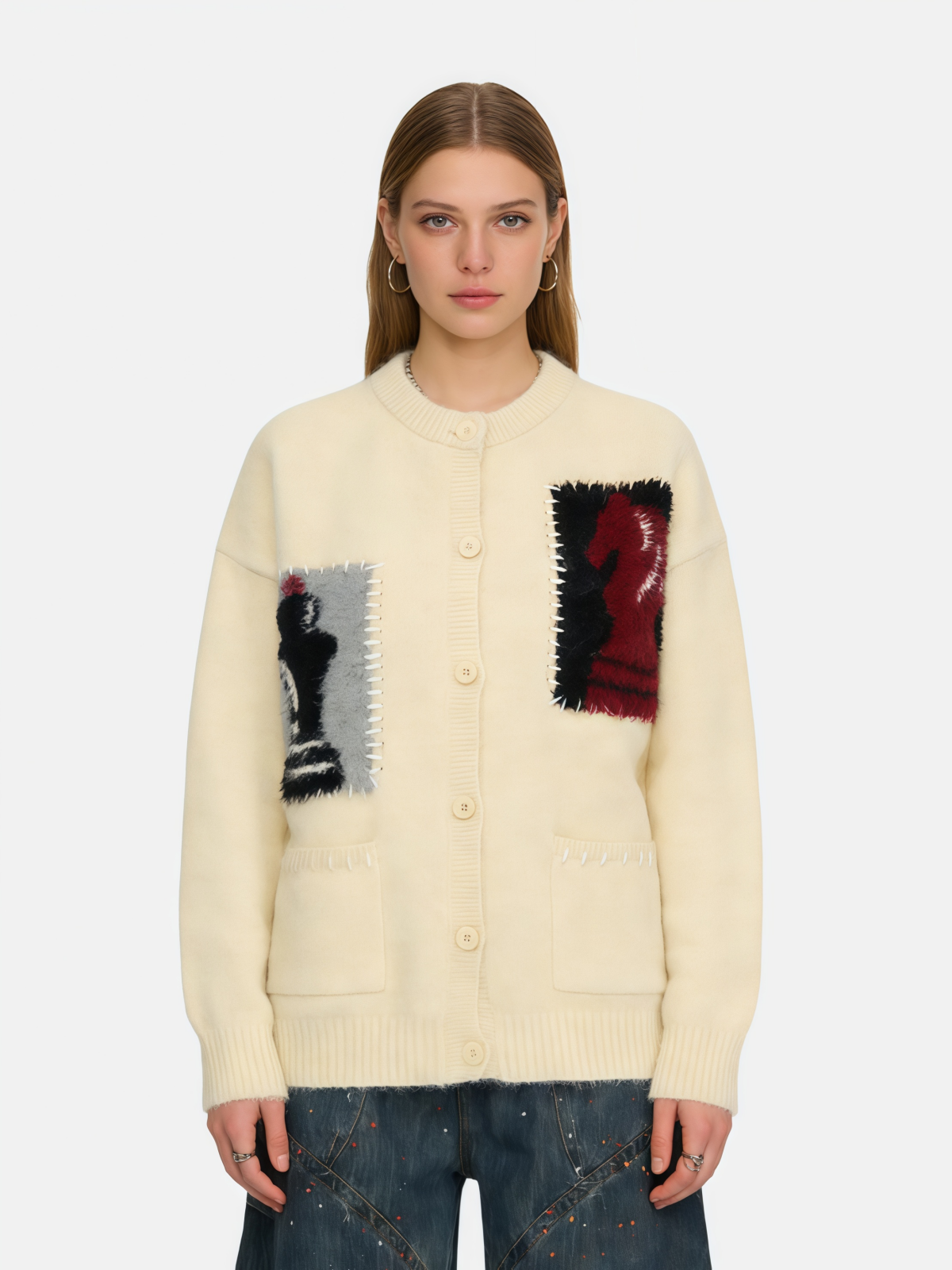Haaura Chess Appliqué Mohair Cardigan