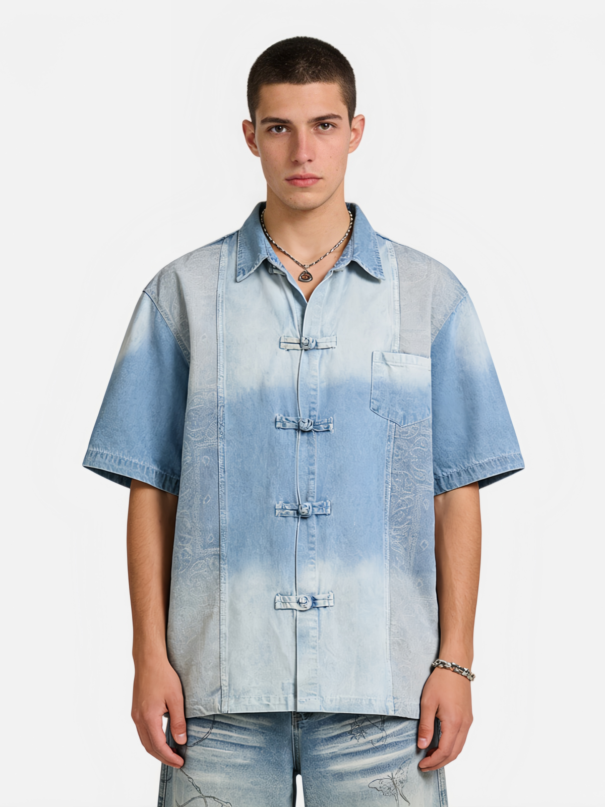 Haaura Chinese Button-Front Washed Denim Shirt