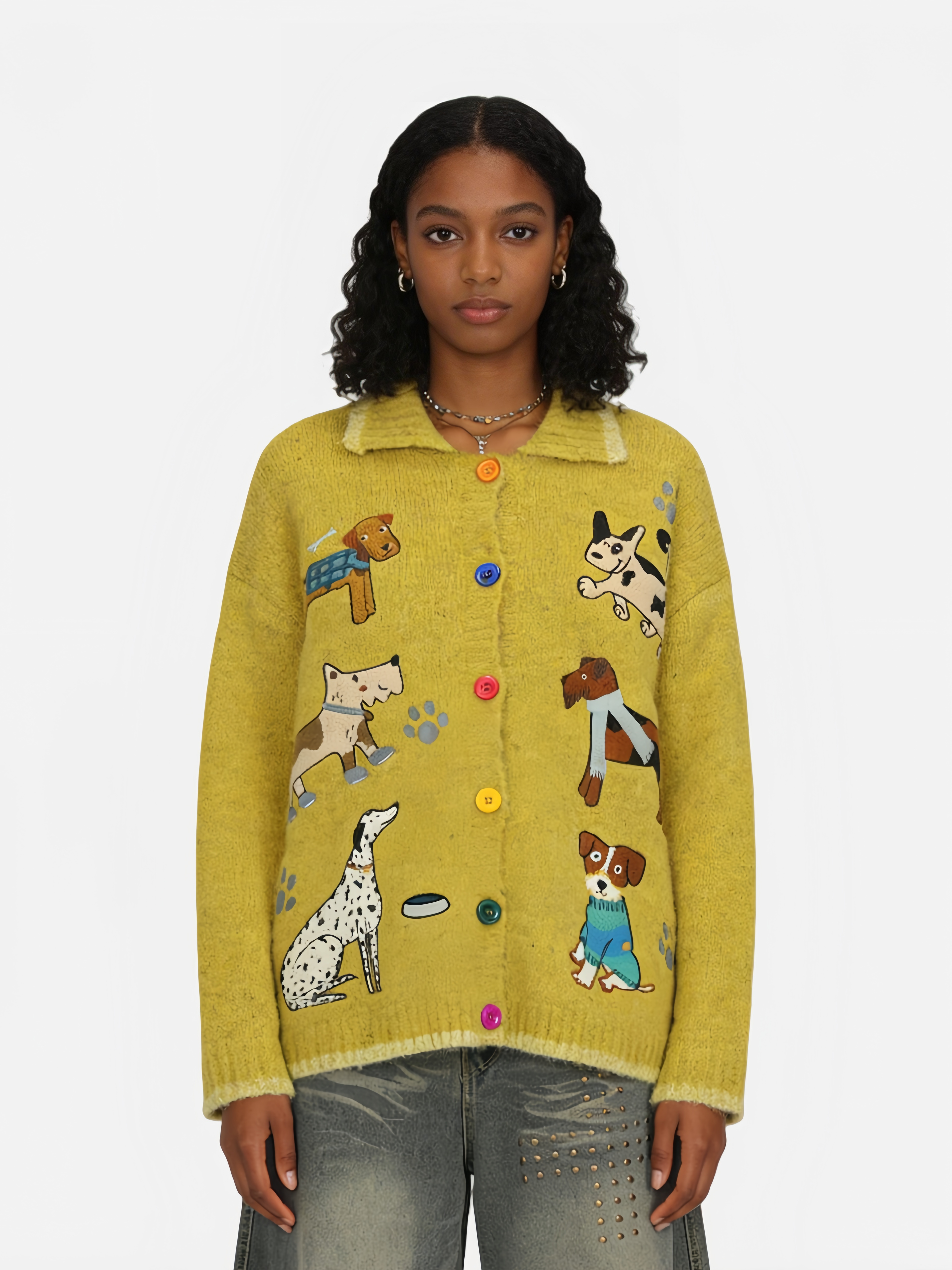 Haaura Color-Column Button Multi-Puppy Cardigan
