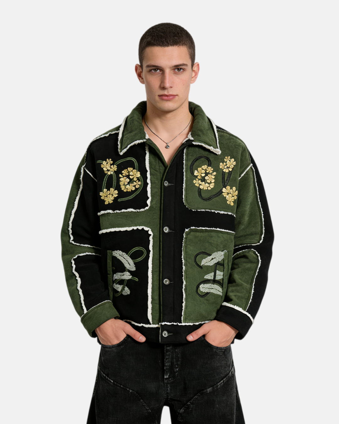 Haaura Color Block Embroidery Floral Coat