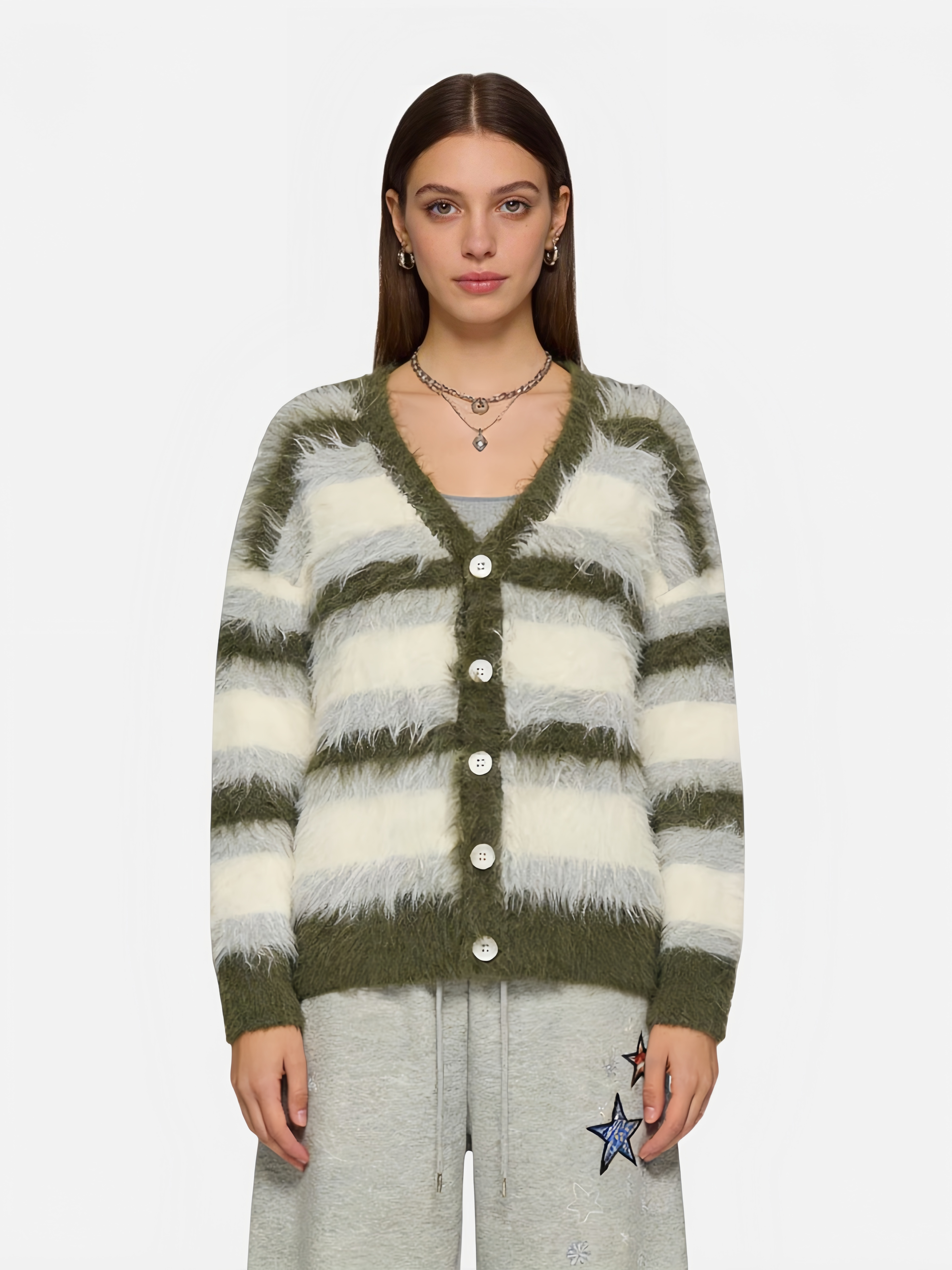 Haaura Color Block Striped Fuzzy Cardigan