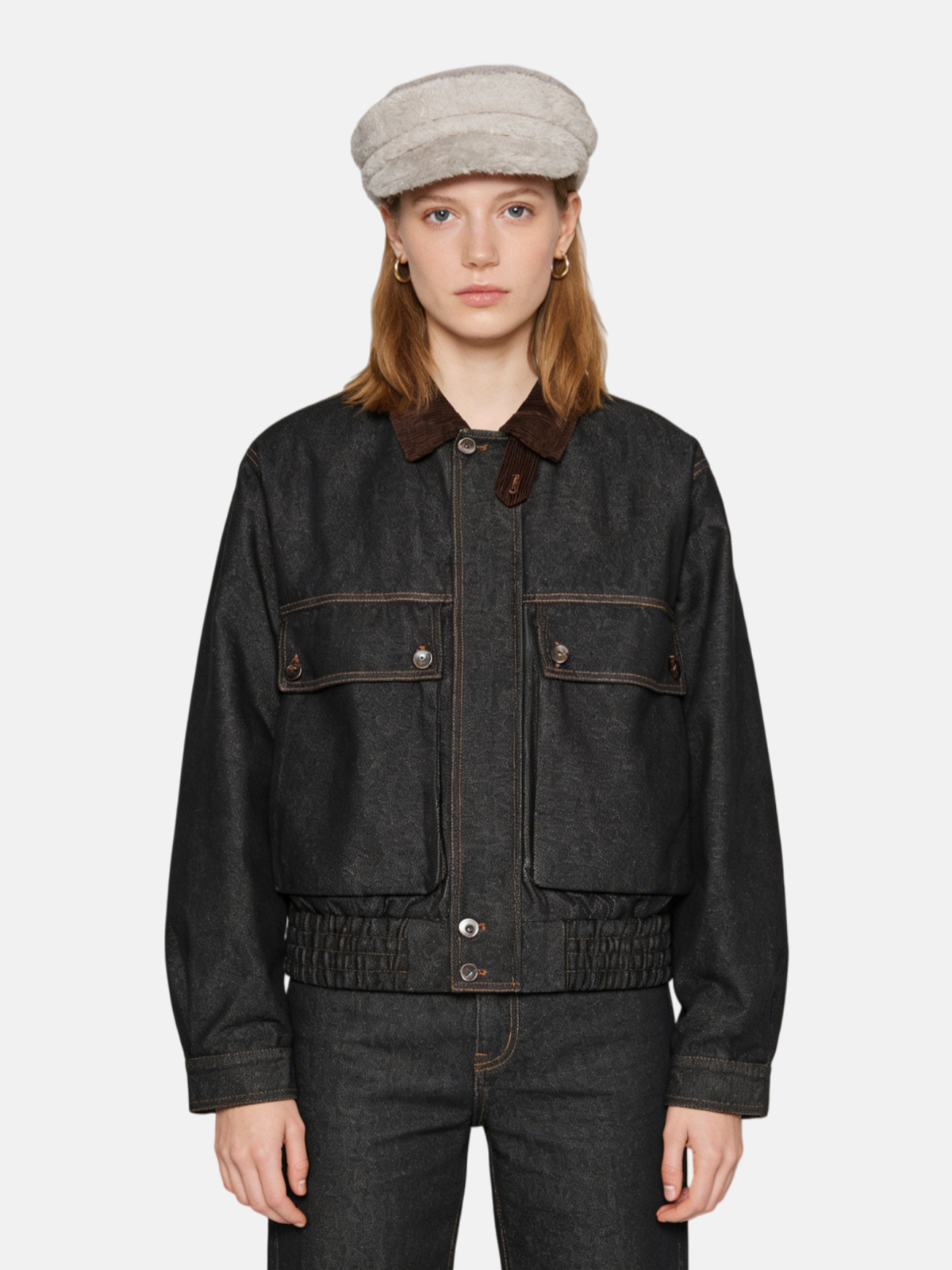 Haaura Corduroy-Collar Cinched Waist Denim Jacket