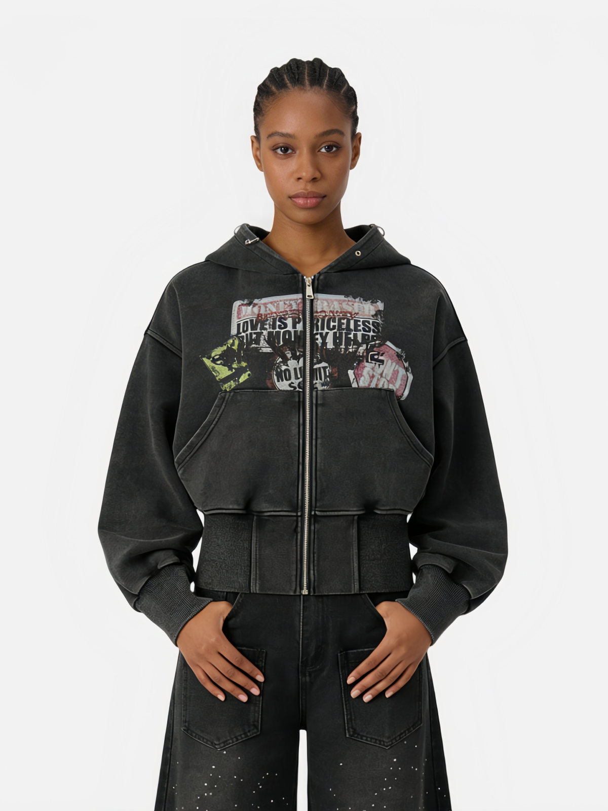 Haaura Deconstructed Text Collage Zip-Up Hoodie