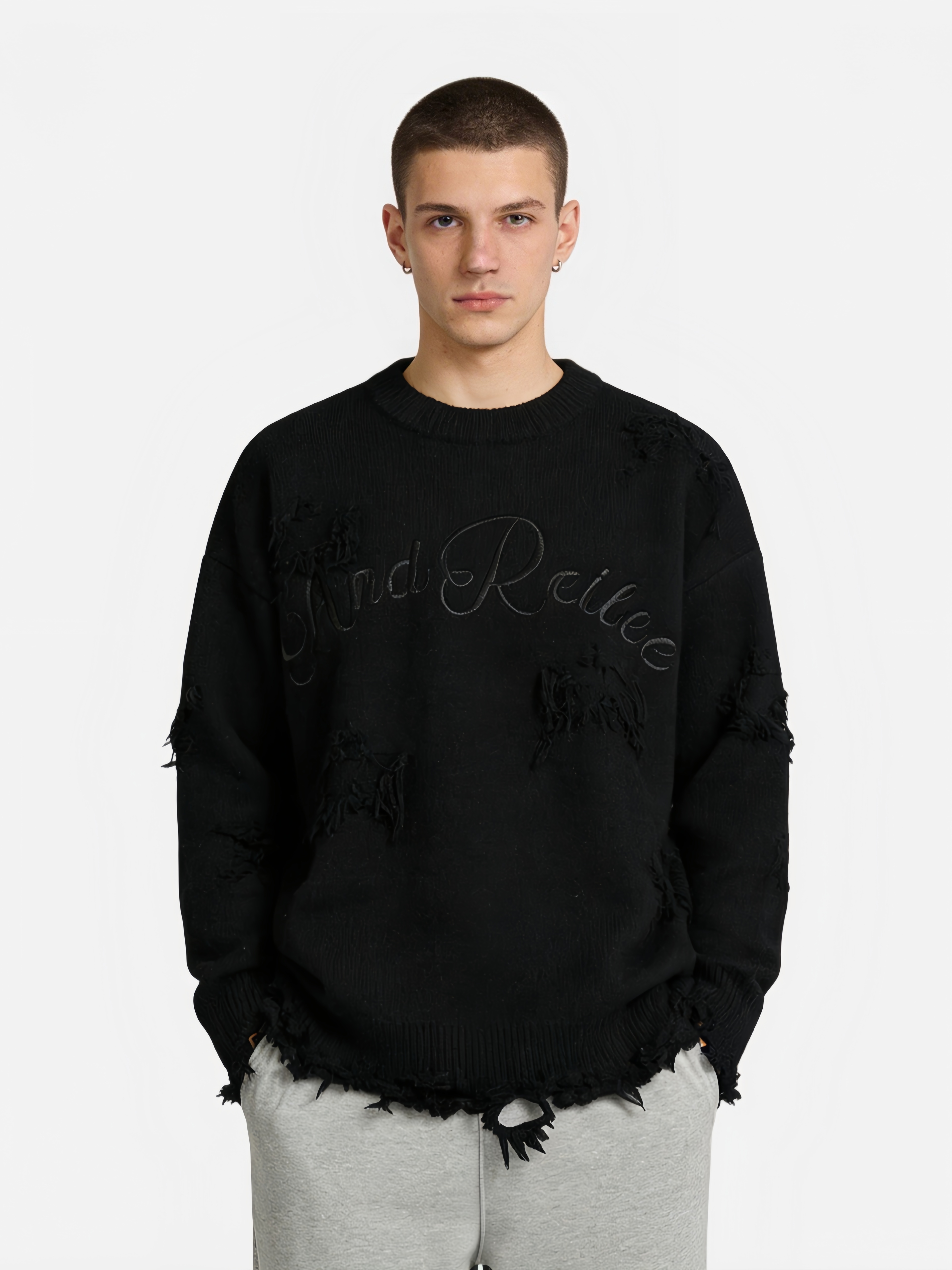 Haaura Destroyed Detail Black Knit Sweater