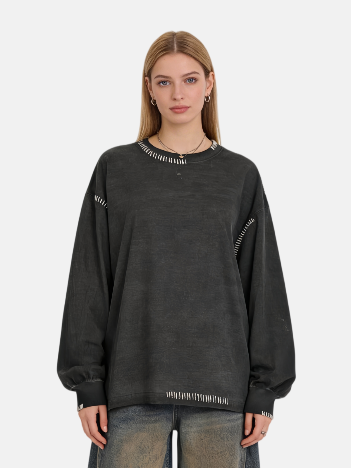 Haaura Langarmshirt mit Used-Look und Kontrastnähten 