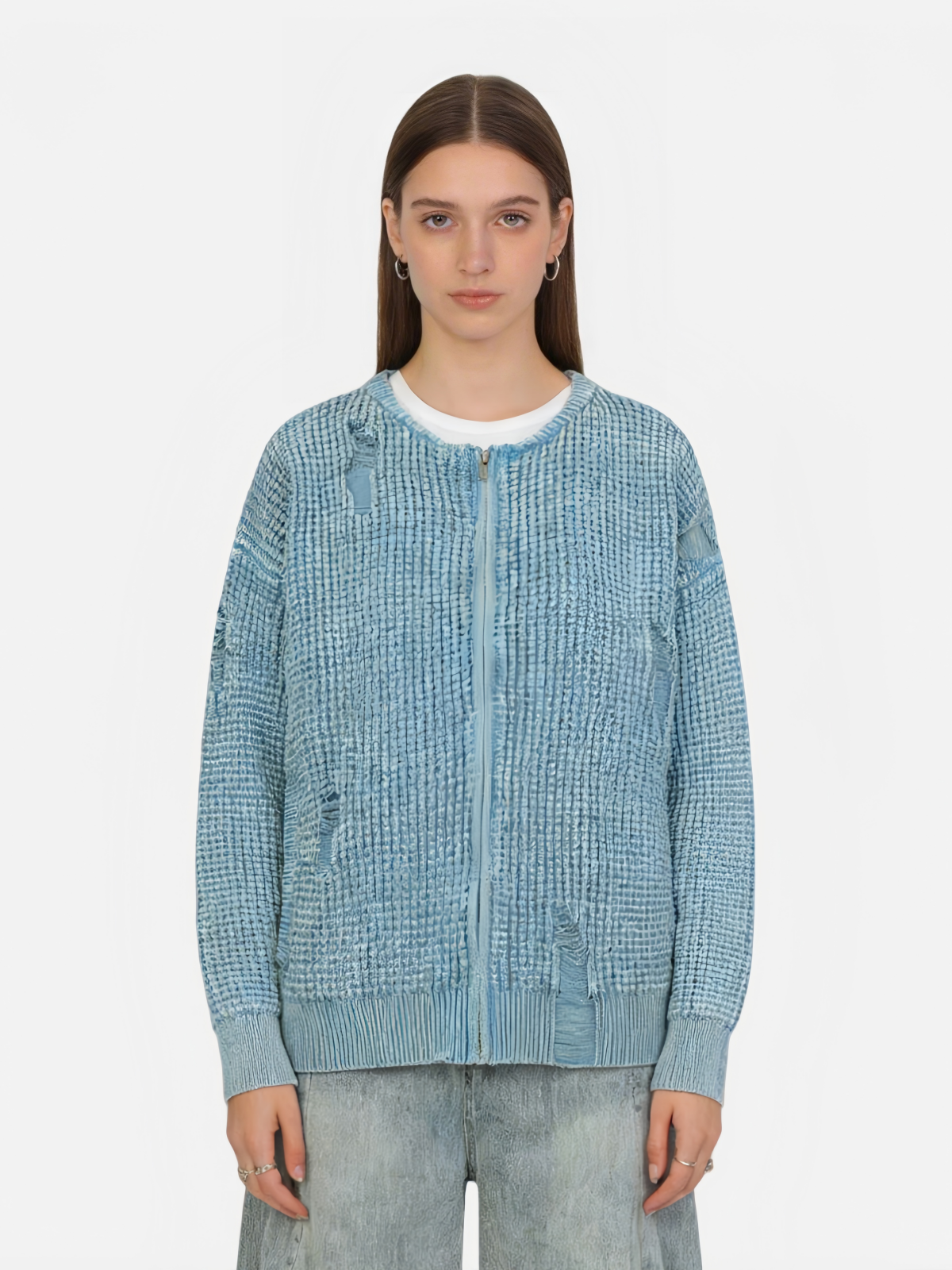 Haaura Distressed Waffle Zip Up Cardigan