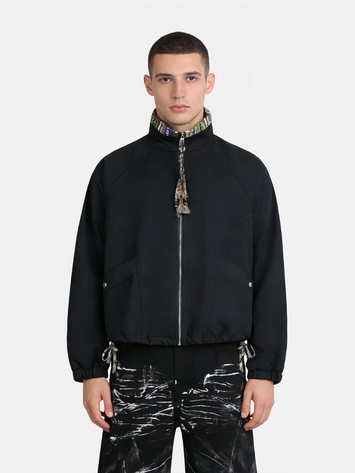 Haaura Ethnic-Pattern Drawstring Hooded Zip-Up Jacket