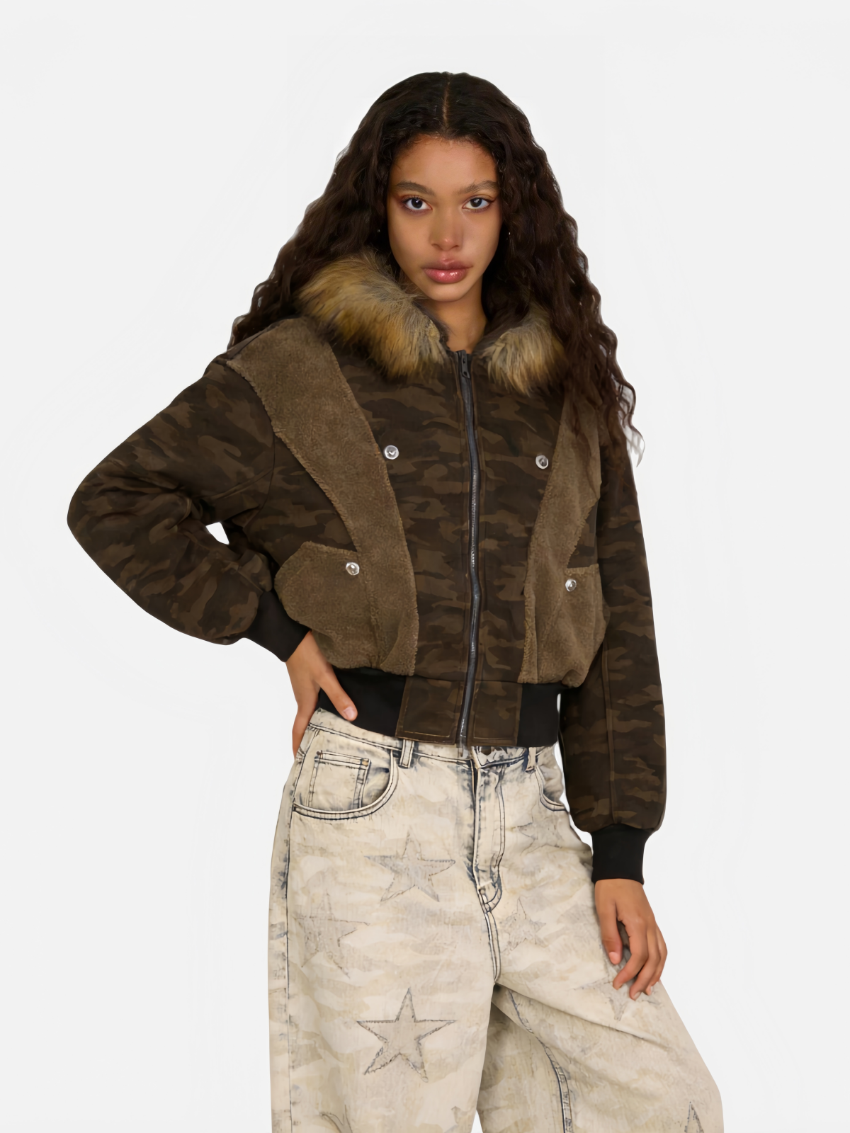 Haaura Fur-Hood Camouflage Parka Jacket