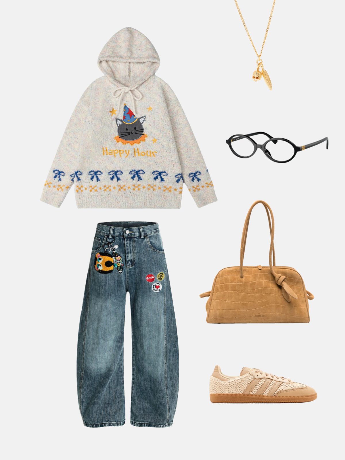 Haaura “Happy Hour” Party Cat Graphic Cropped Knit Hoodie