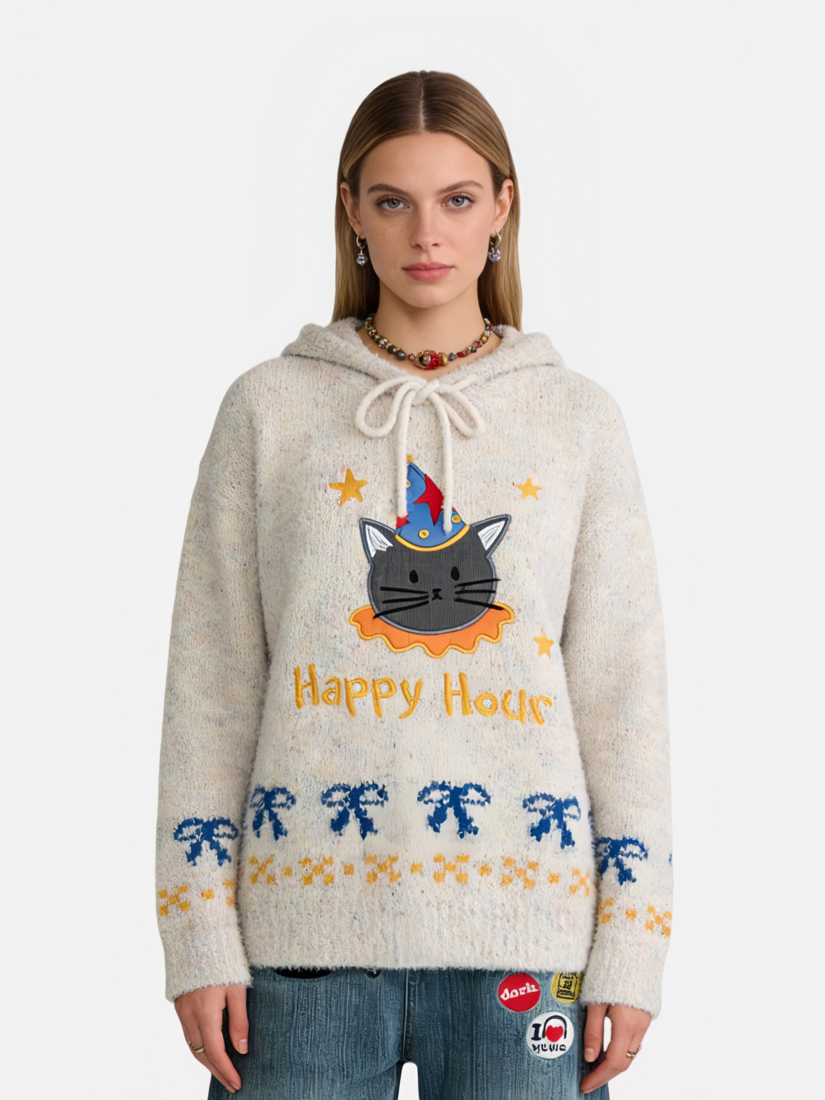 Haaura “Happy Hour” Party Cat Graphic Cropped Knit Hoodie
