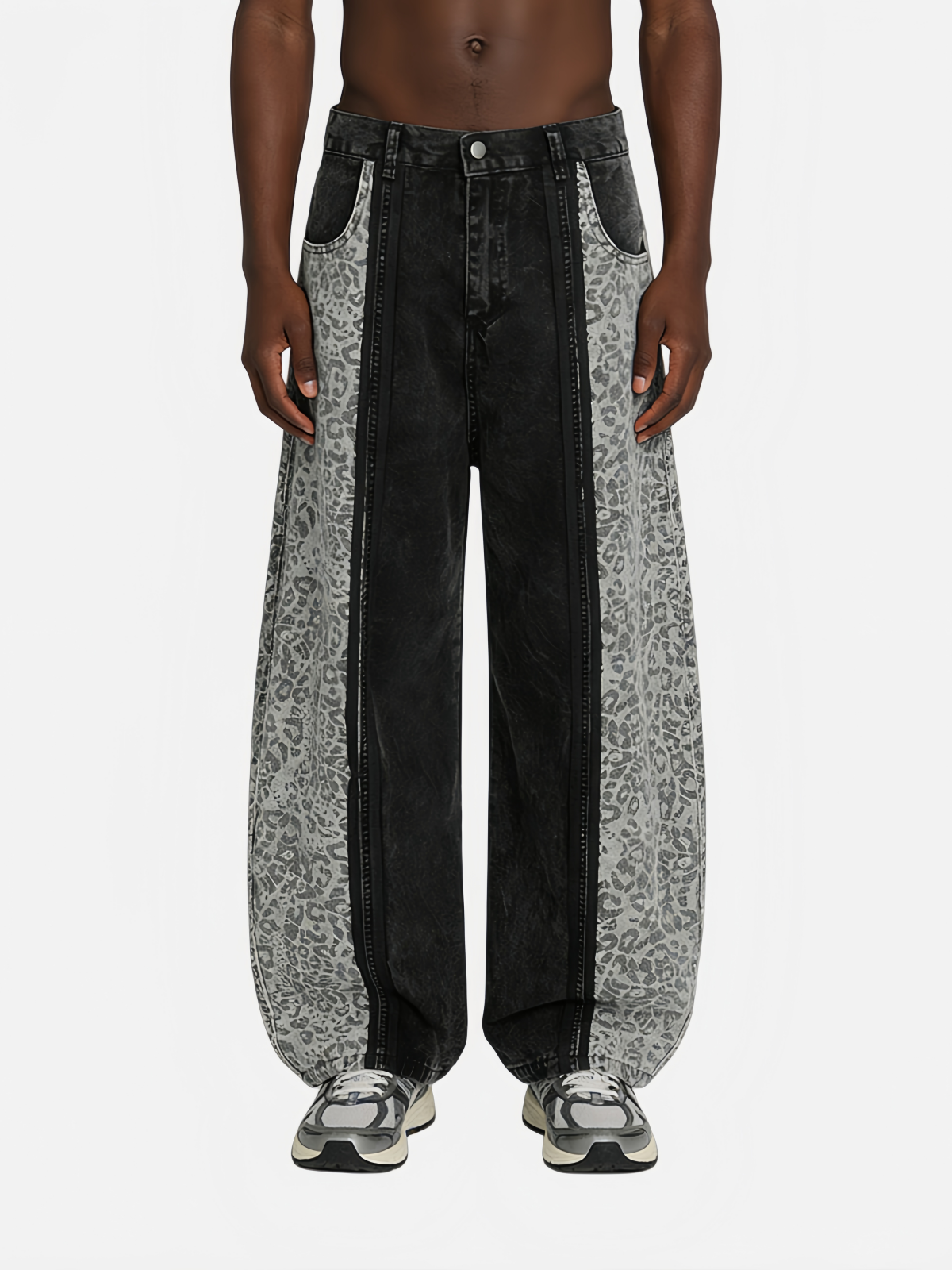 Haaura Leopard Panel Baggy Barrel Jeans
