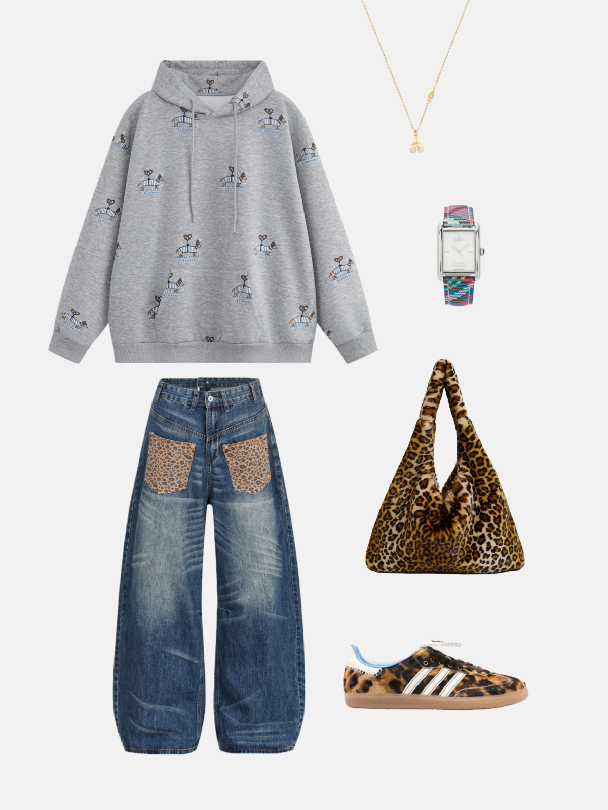 Haaura Leopard Pocket Reversible Baggy Barrel Jeans