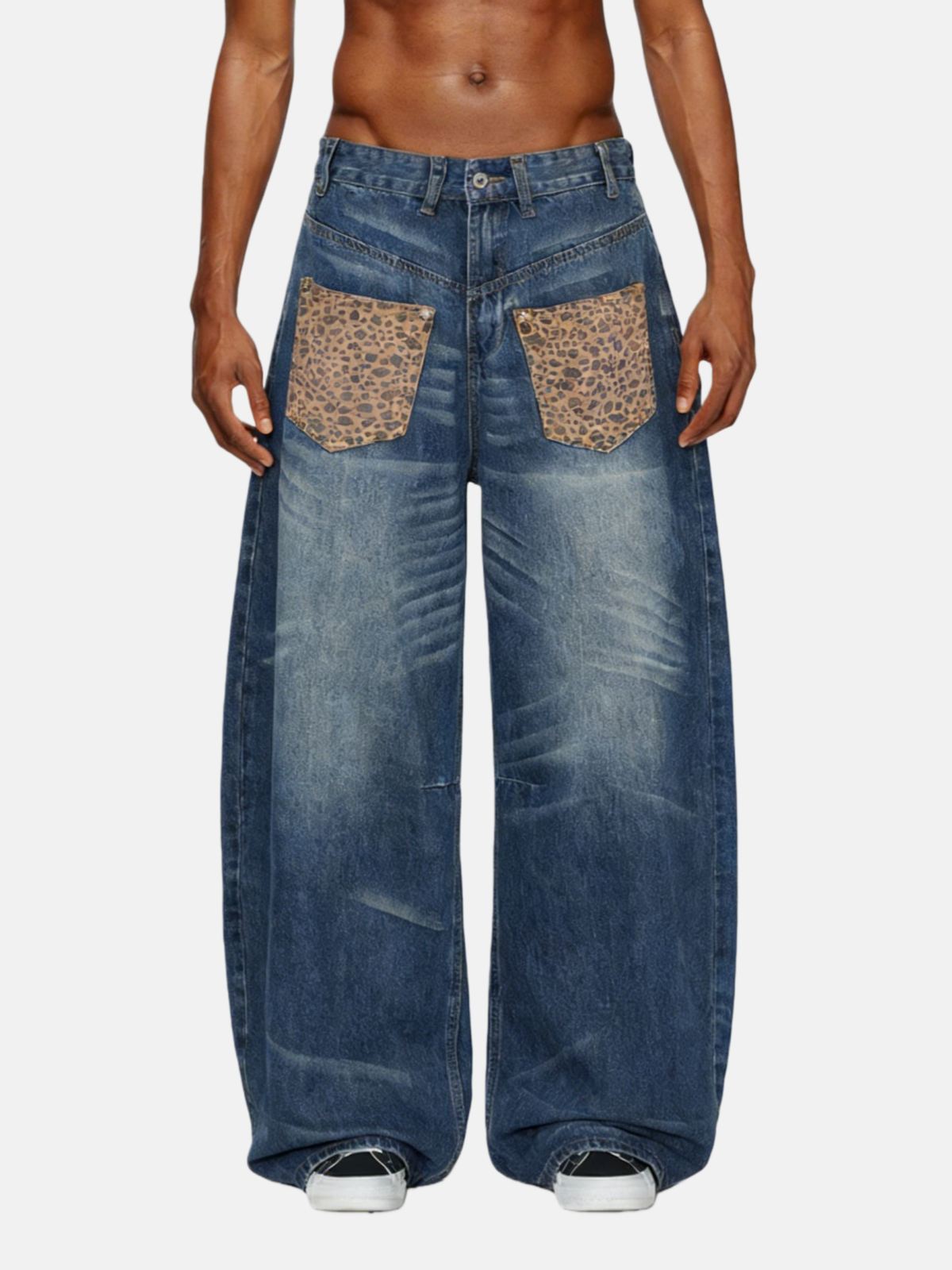 Haaura Leopard Pocket Reversible Baggy Barrel Jeans
