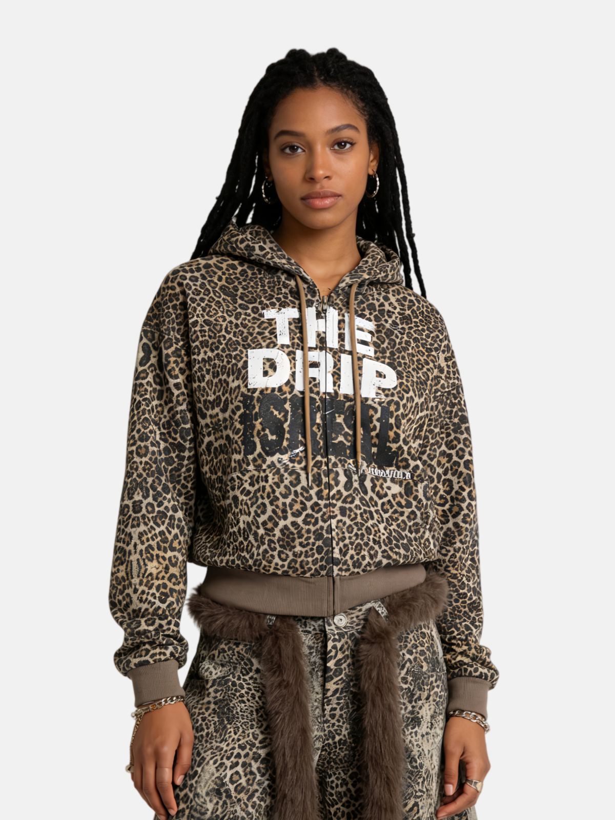 Haaura Leopard Print Drip Graphic Zip Up Hoodie