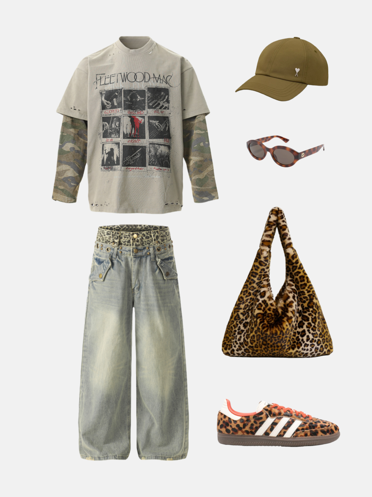 Haaura Leopard Waist Studded Baggy Jeans