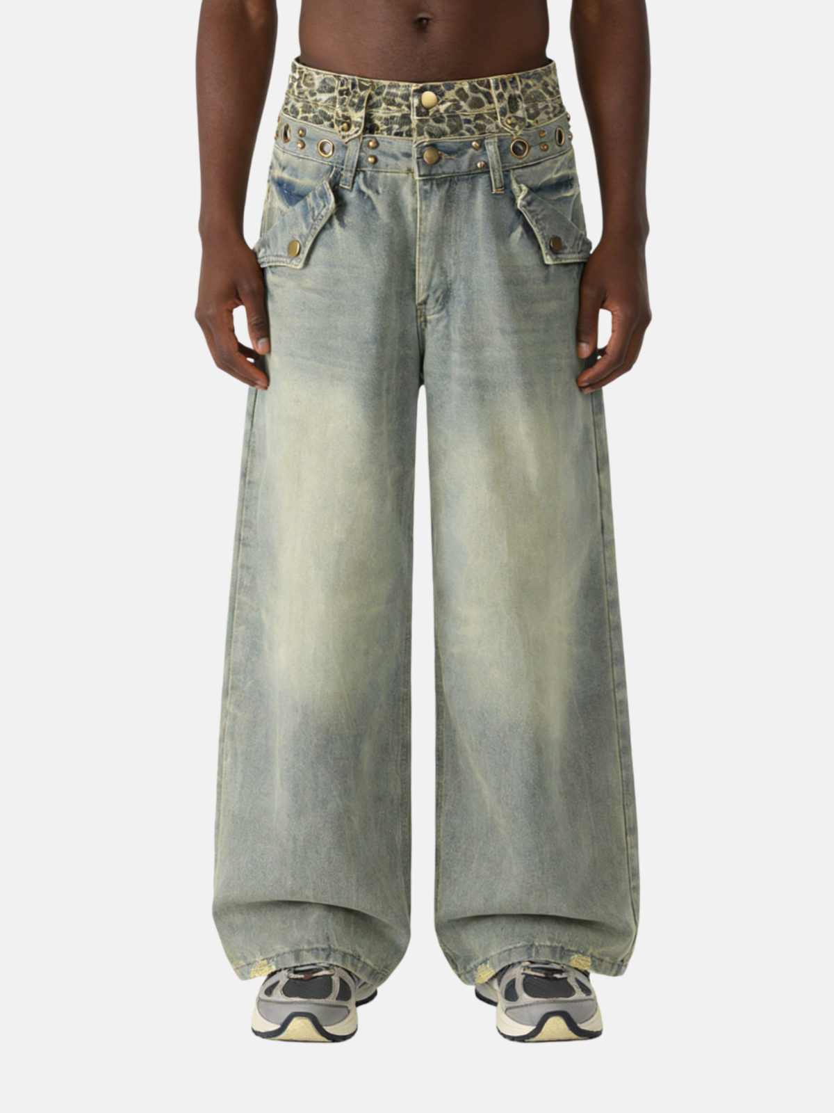 Haaura Leopard Waist Studded Baggy Jeans