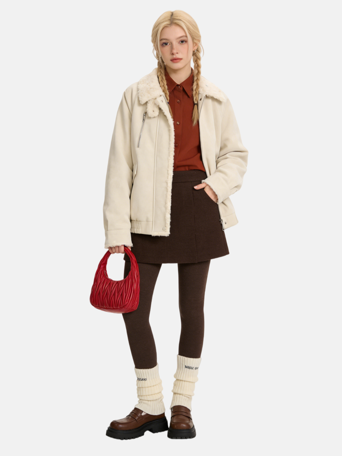 Haaura Notched Lapel Fur-Trimmed Zip-Up Multi-Pocket Jacket