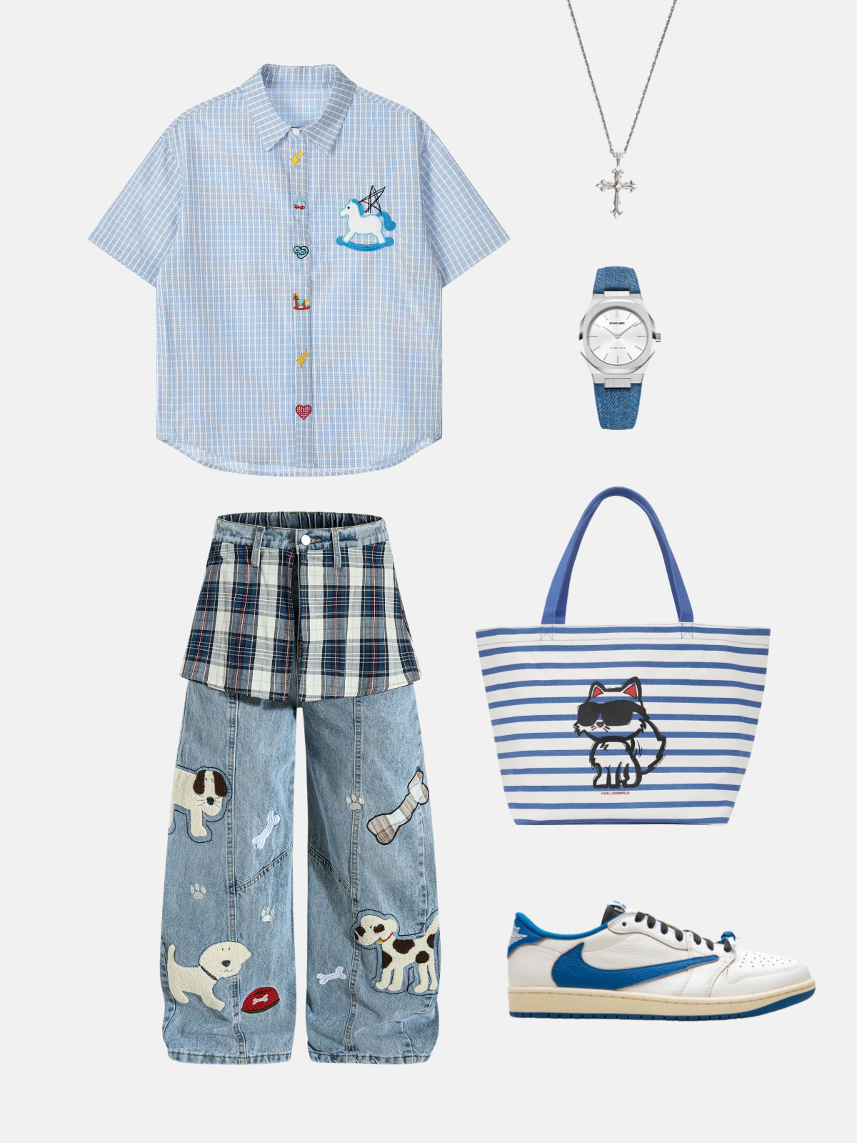 Haaura Patchwork Plaid & Cartoon Dog Embellished Jeans