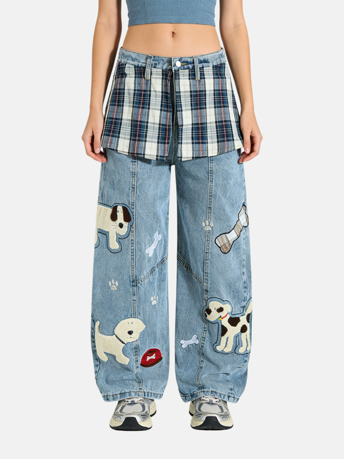 Haaura Patchwork Plaid & Cartoon Dog Embellished Jeans