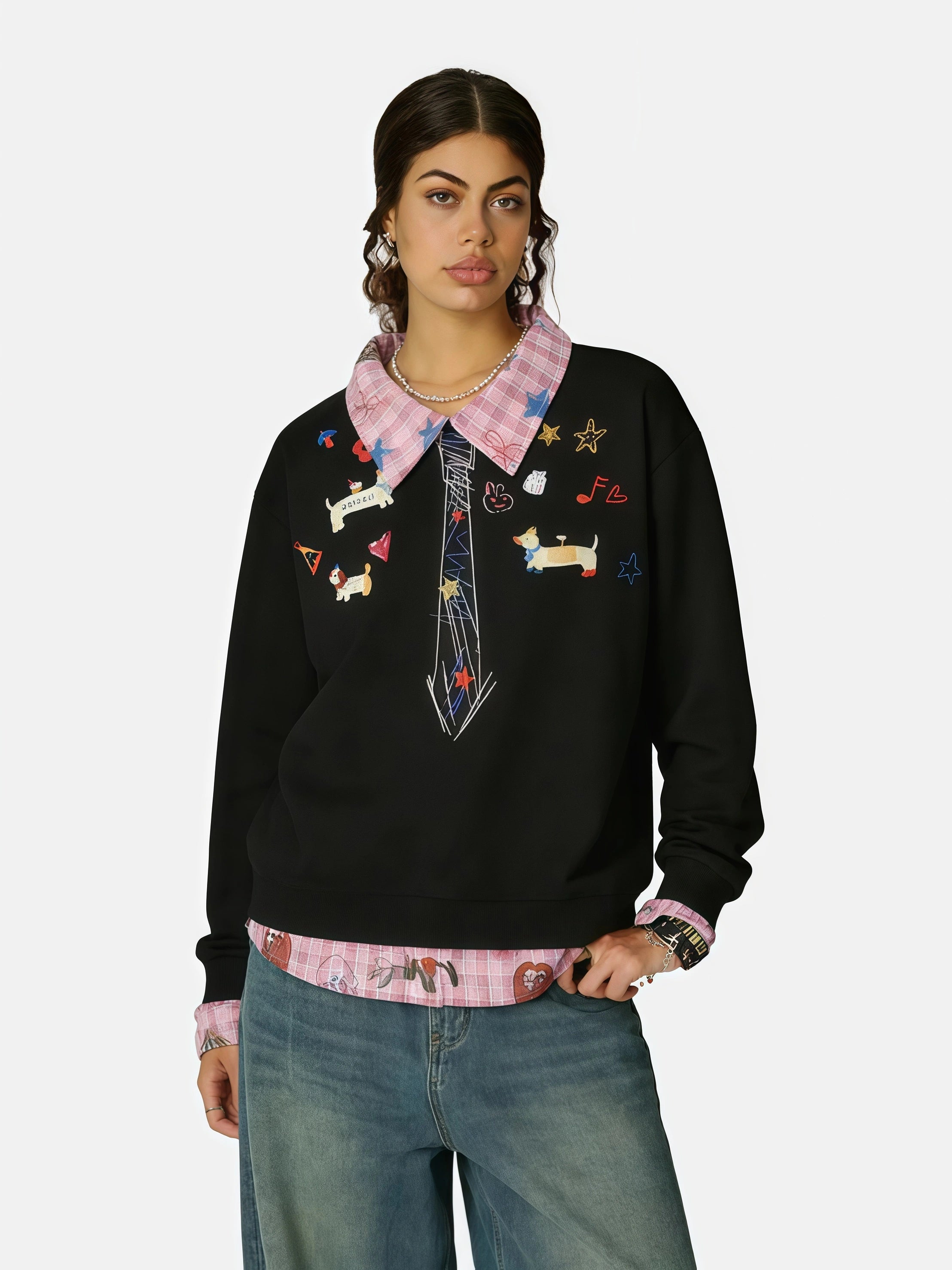 Haaura Plaid Collar Emblem Sweatshirt