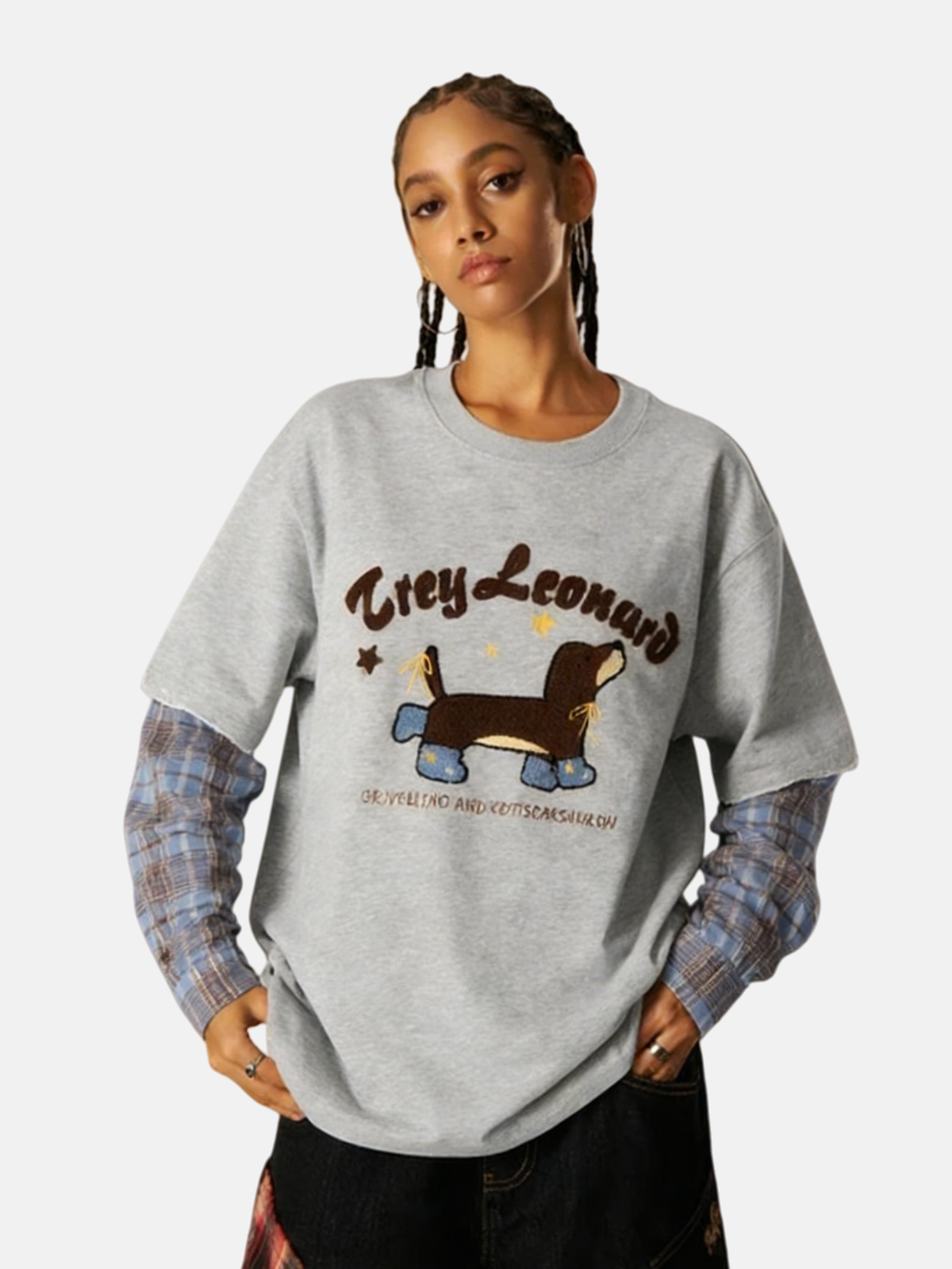 Haaura Plaid Sleeve Puppy Sweatshirt