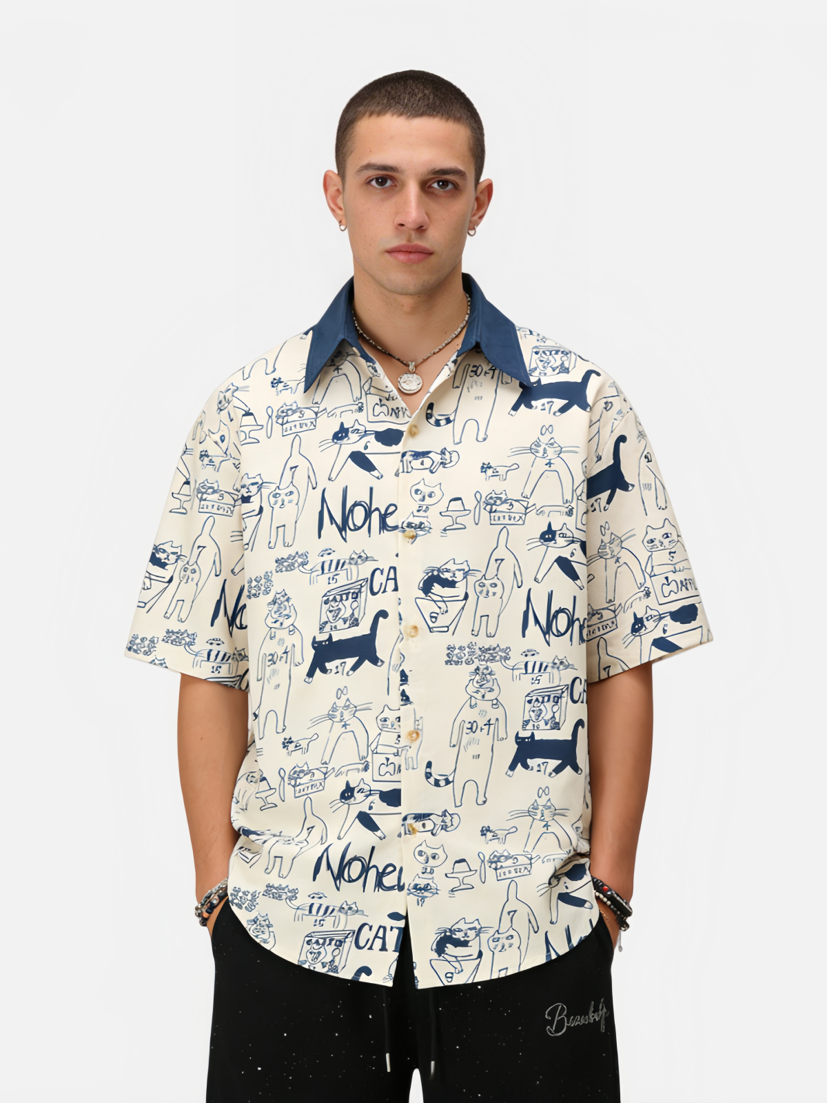 Haaura Playful Cat Print Short-Sleeve Shirt