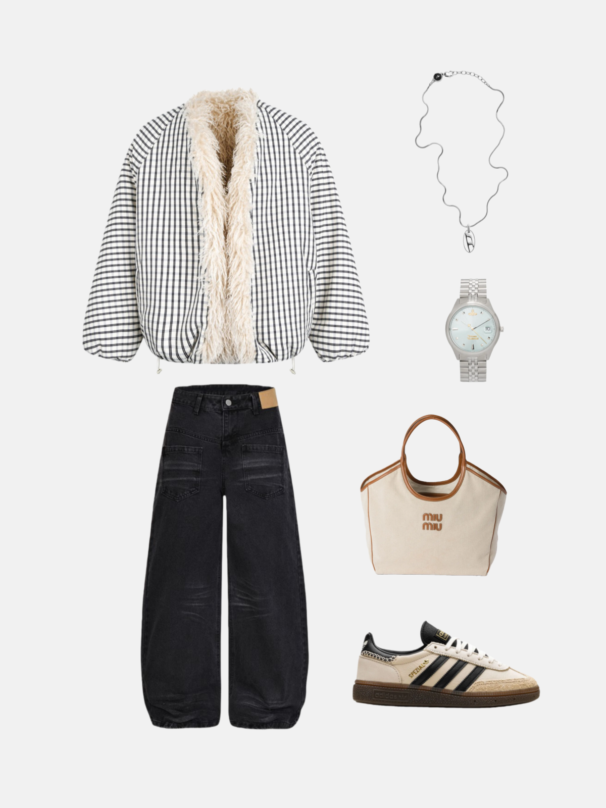 Haaura Plush Collar Checkerboard Puffer Coat