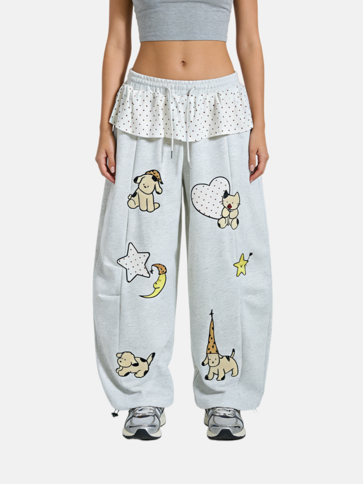 Haaura Polka-Dot Ruffle Waist Embroidered Animal Sweatpants
