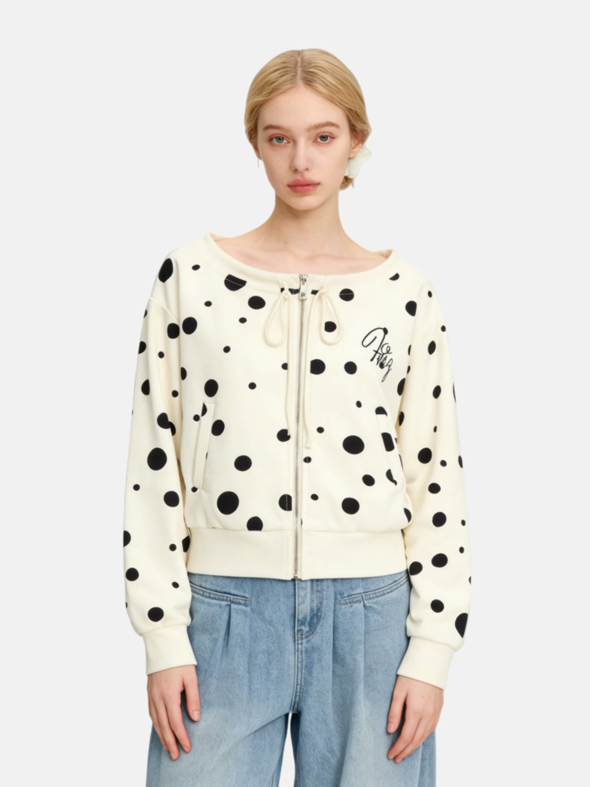 Haaura Polka Dot Off-The-Shoulder Zip Up Sweatshirt