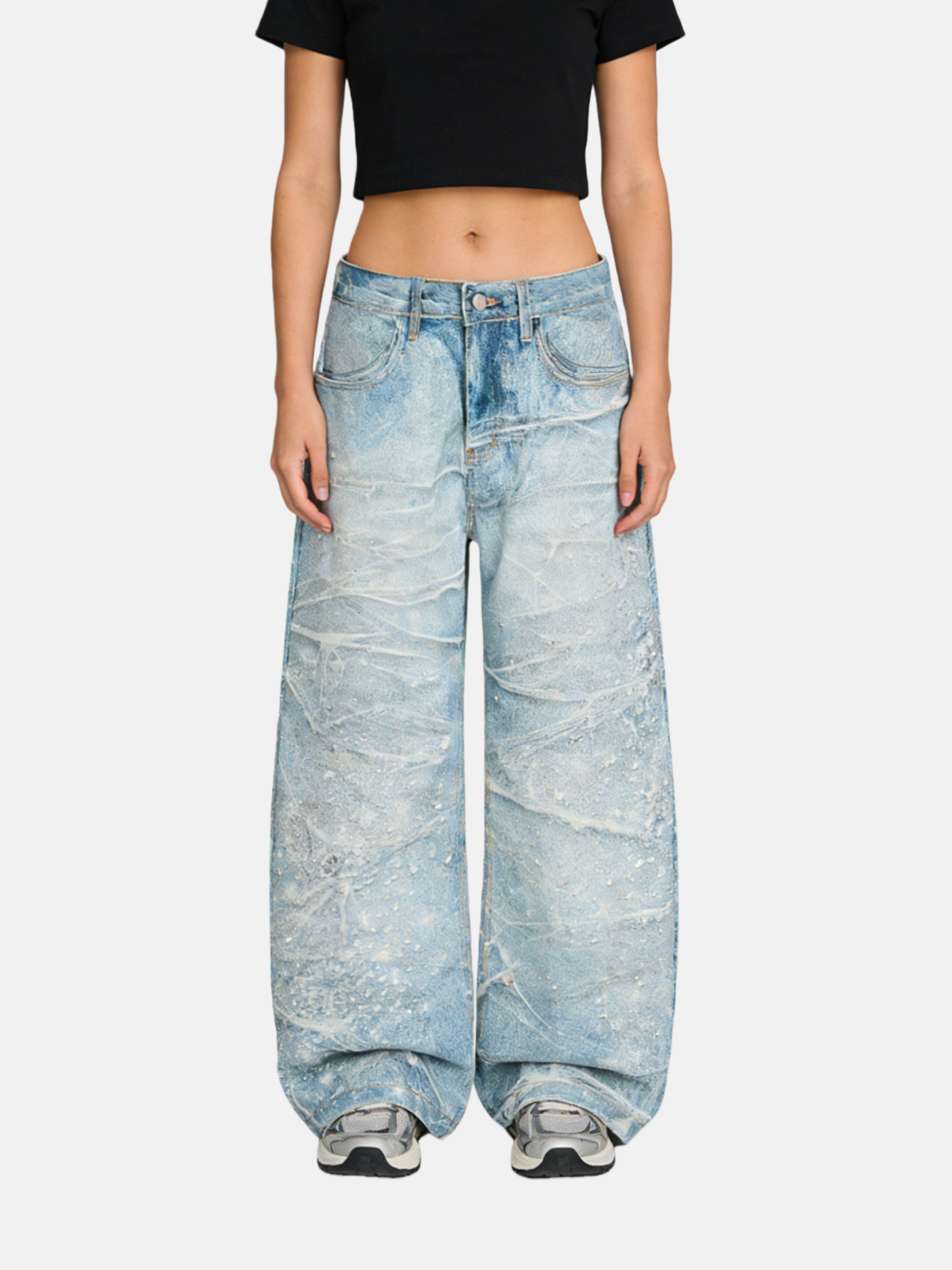 Haaura Rhinestone Washed Texture Baggy Barrel Jeans