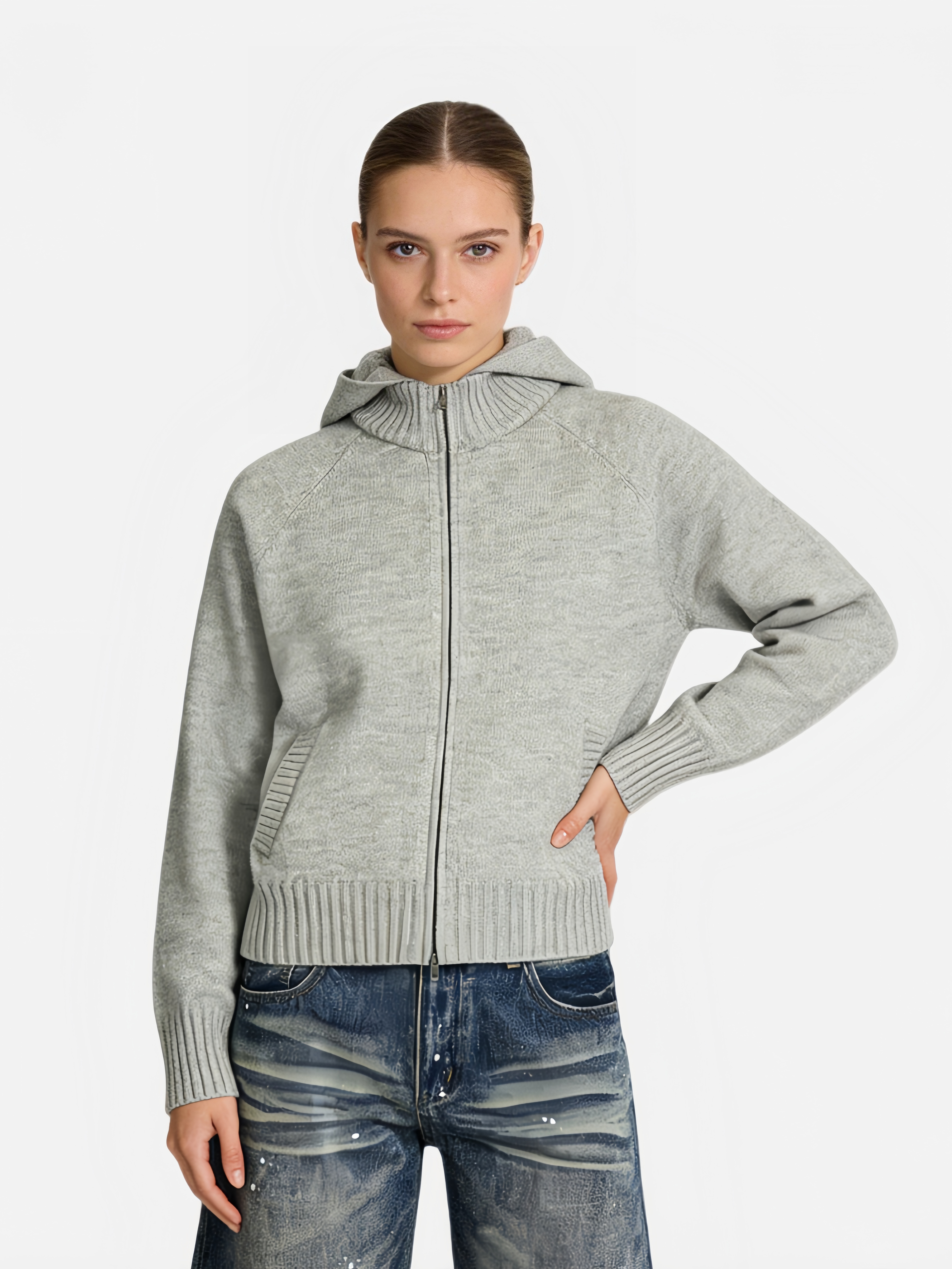 Haaura Ribbed-Knit Zip Hoodie