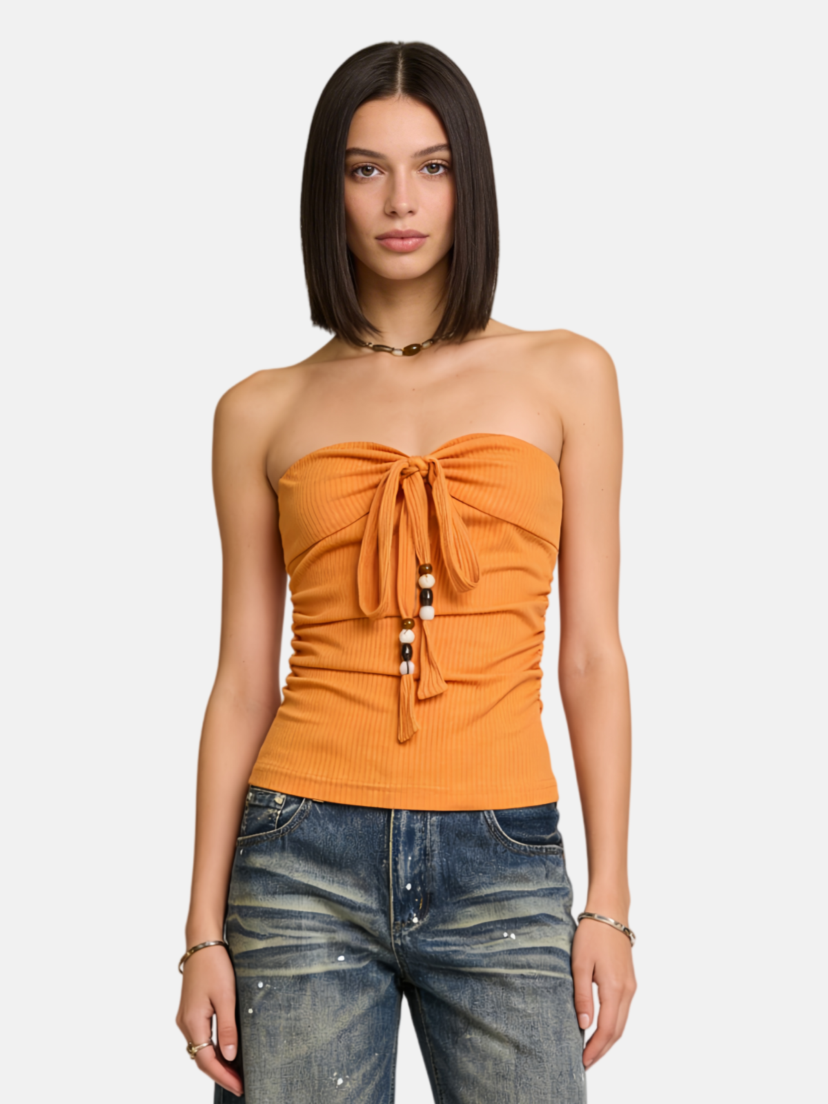 Haaura Ruched Tie Front Tube Top