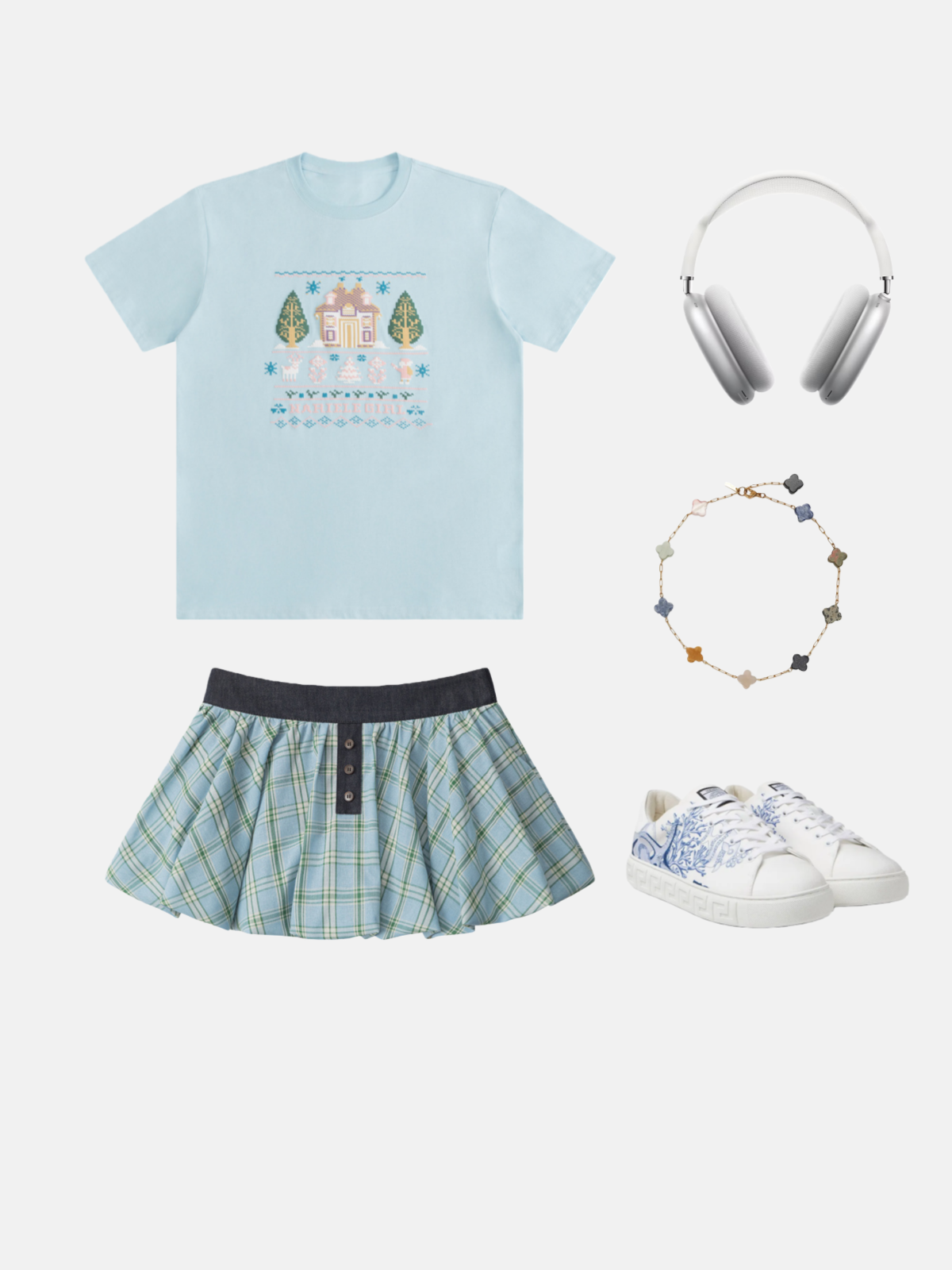 Haaura Scharlachroter karierter A-Linien-Rock mit Denim-Taille