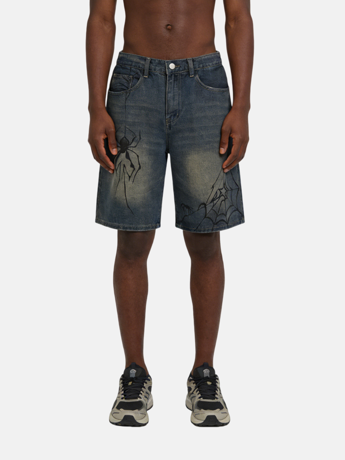 Haaura Spider-Print Elastic Waist Denim Shorts