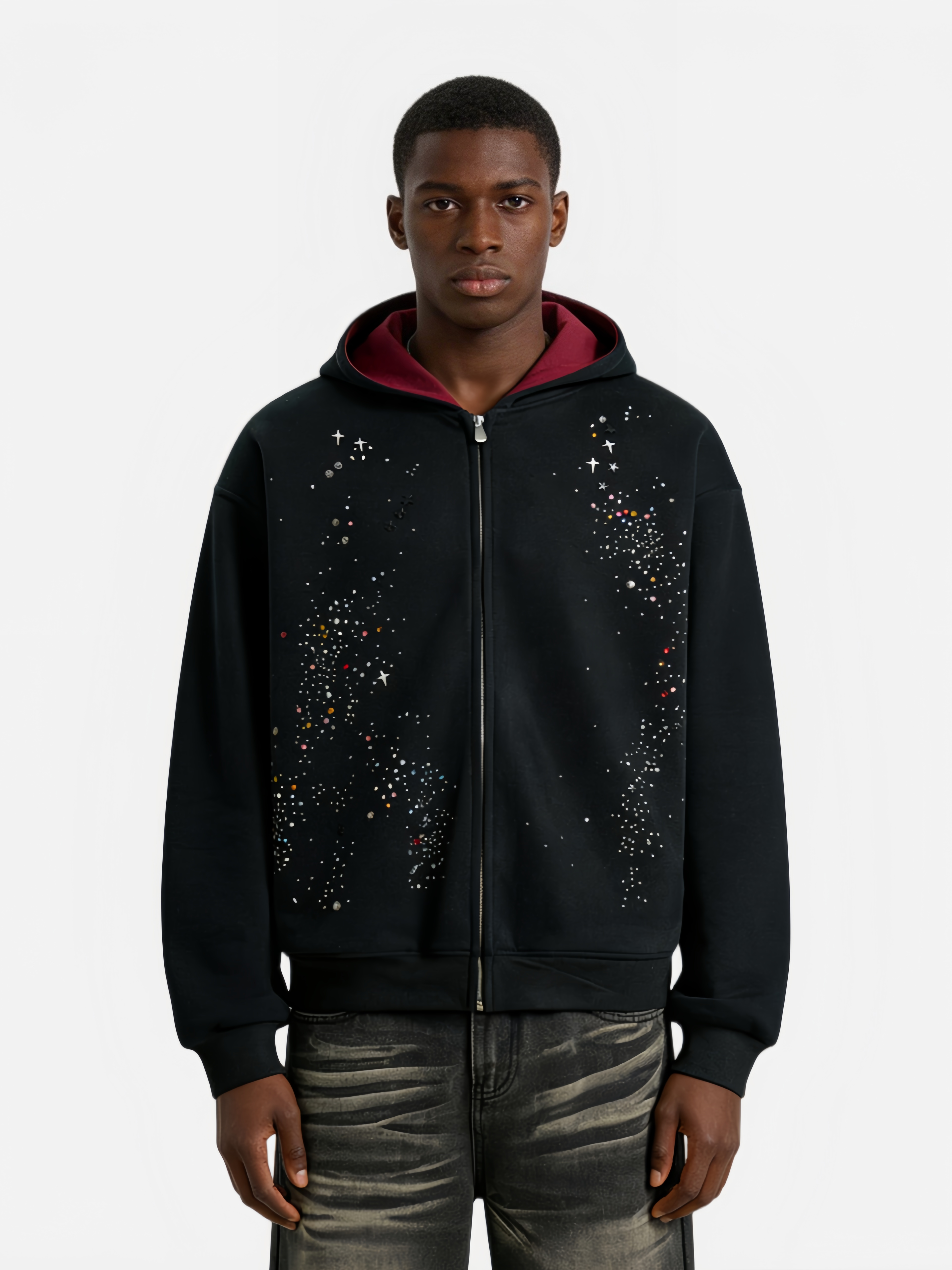 Haaura Star & Rhinestone Embellished Zip-Up Hoodie