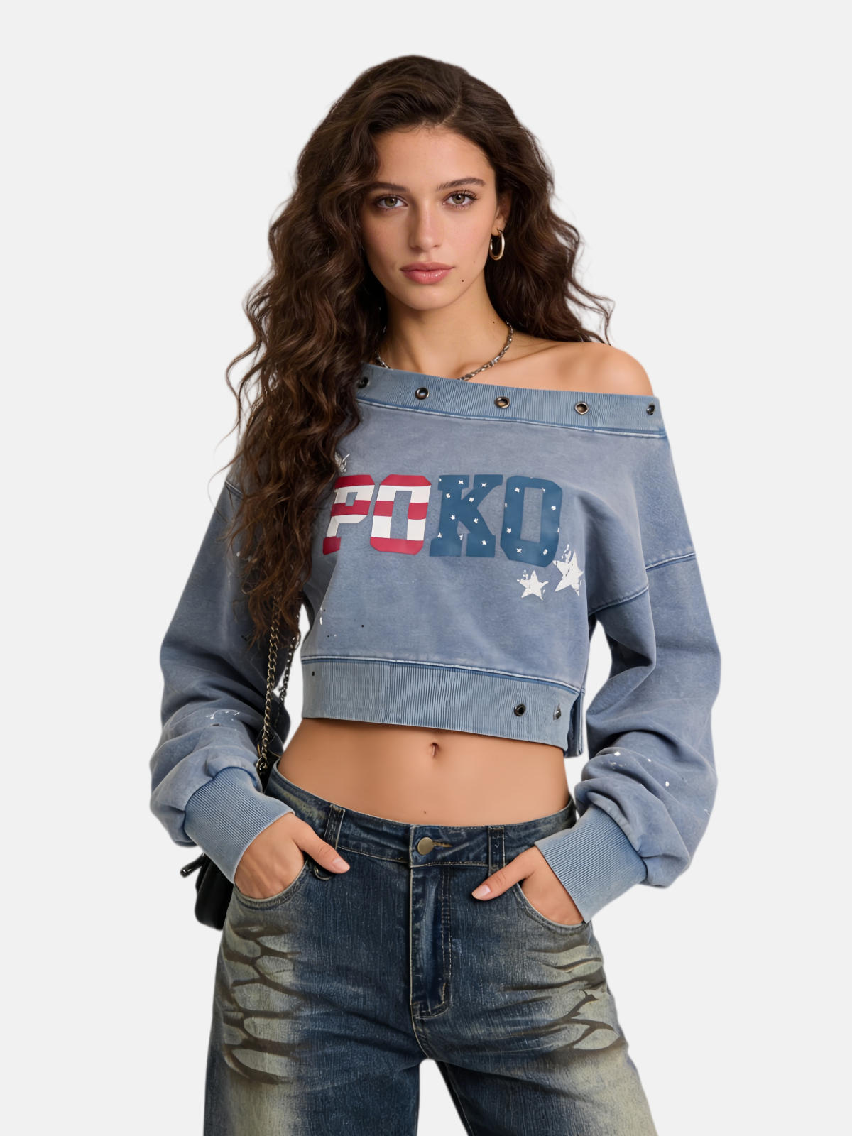 Haaura Star Splatter Metal Stud Off-Shoulder Cropped Sweatshirt