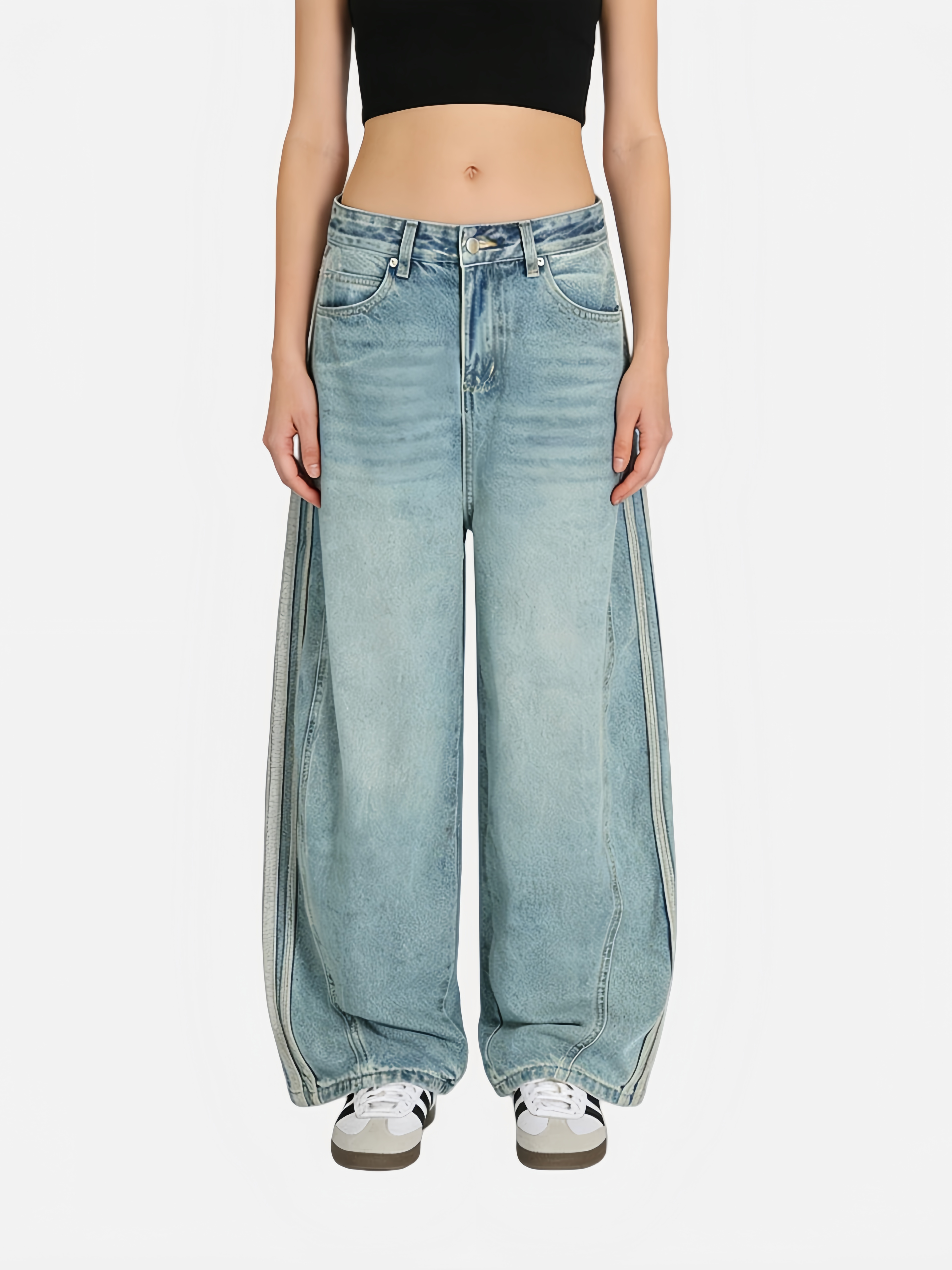 Haaura Stripe Washed Whiskering Baggy Barrel Jeans