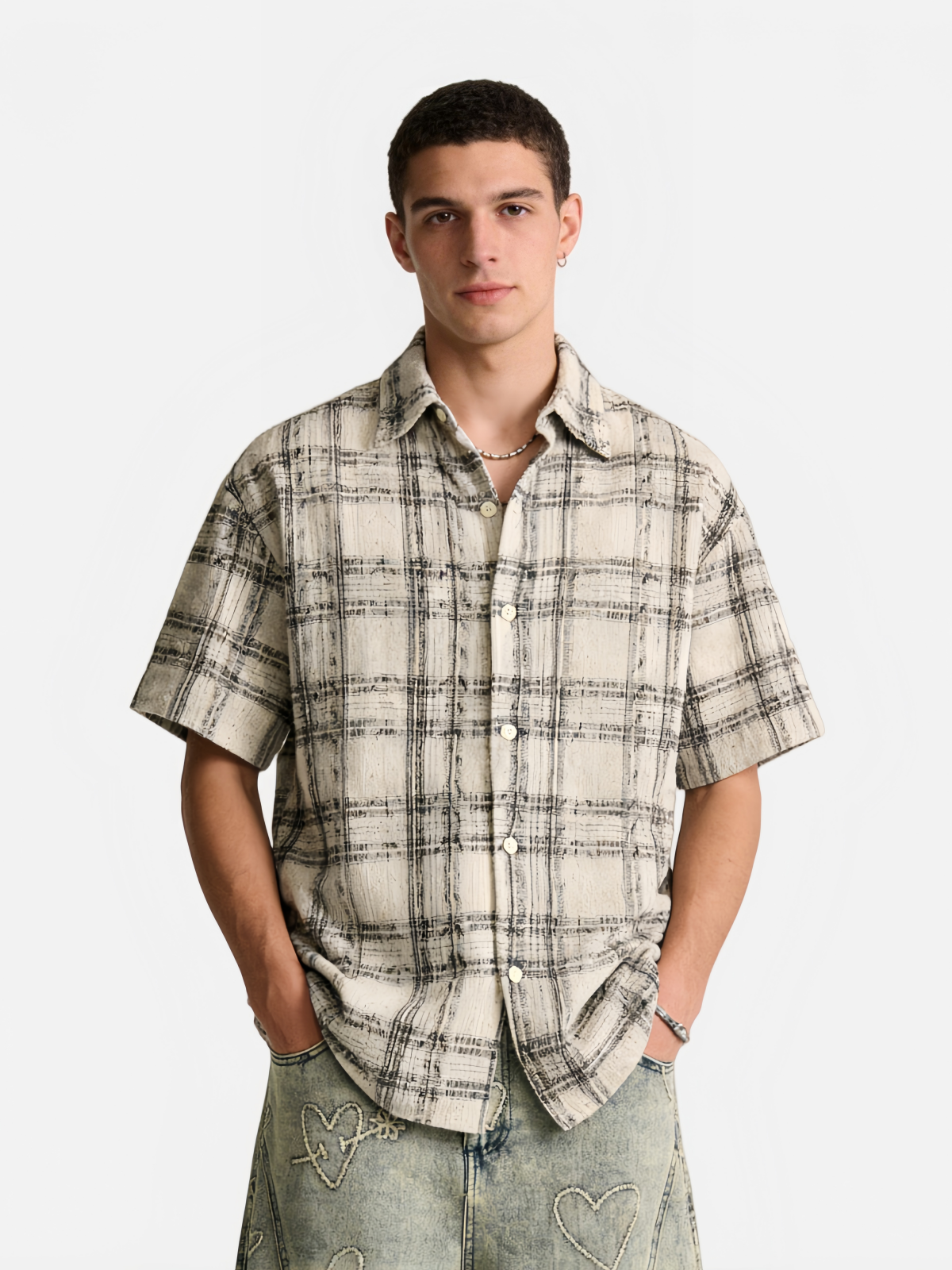 Haaura Textured Plaid Short Sleeve Shirt