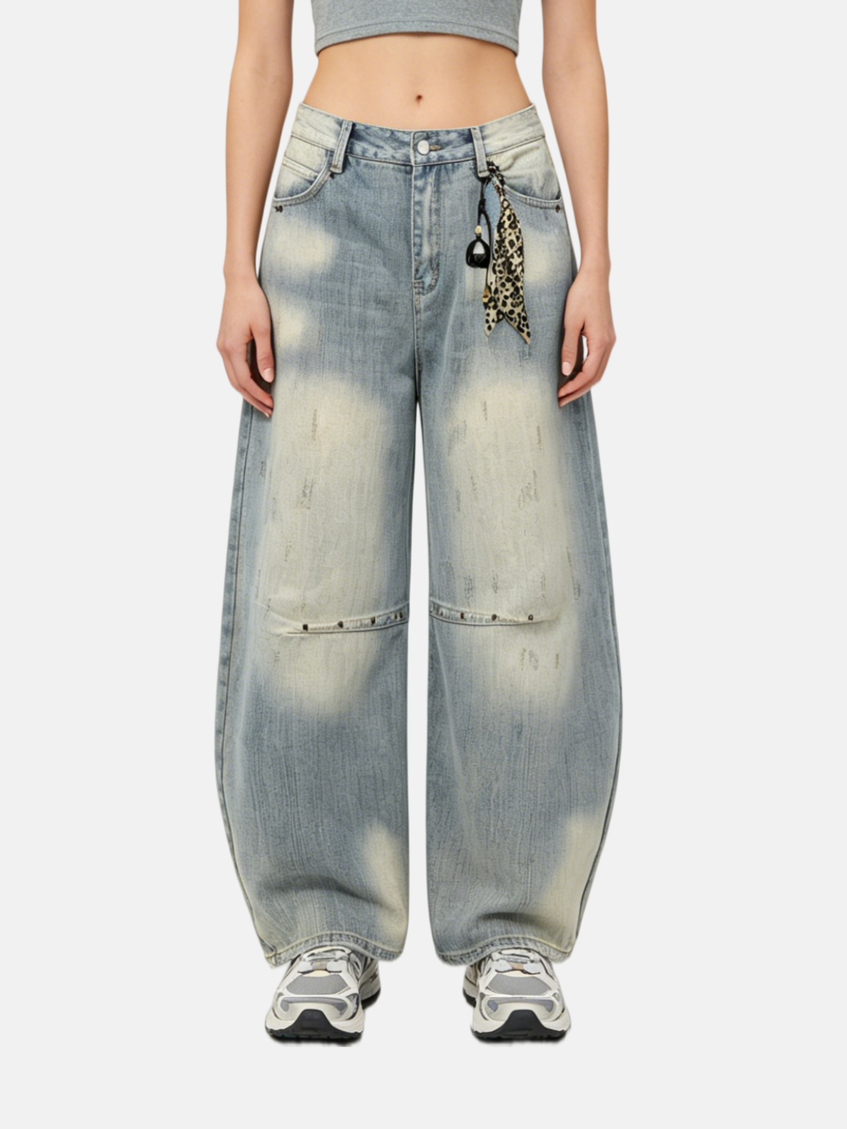 Haaura Washed & Leopard Print Trim Baggy Jeans