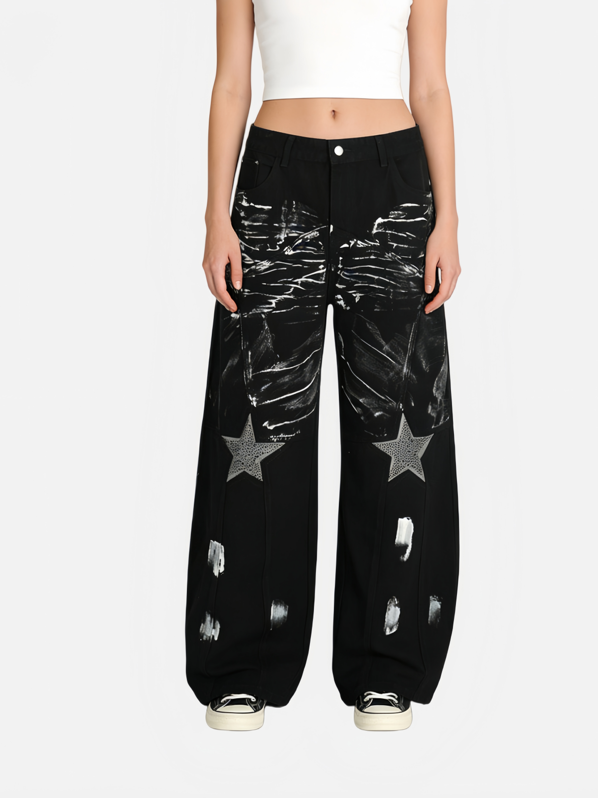 Haaura Washed Rhinestone Star Baggy Barrel Jeans