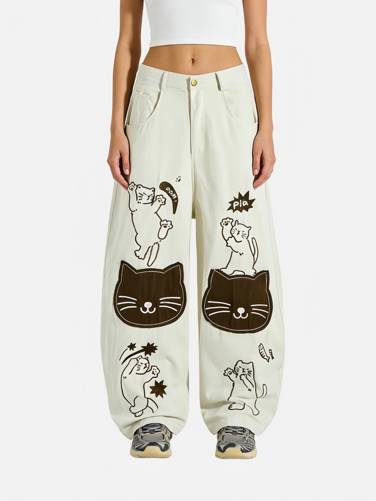 Haaura Whimsical Cat Embroidery Wide-Leg Pants