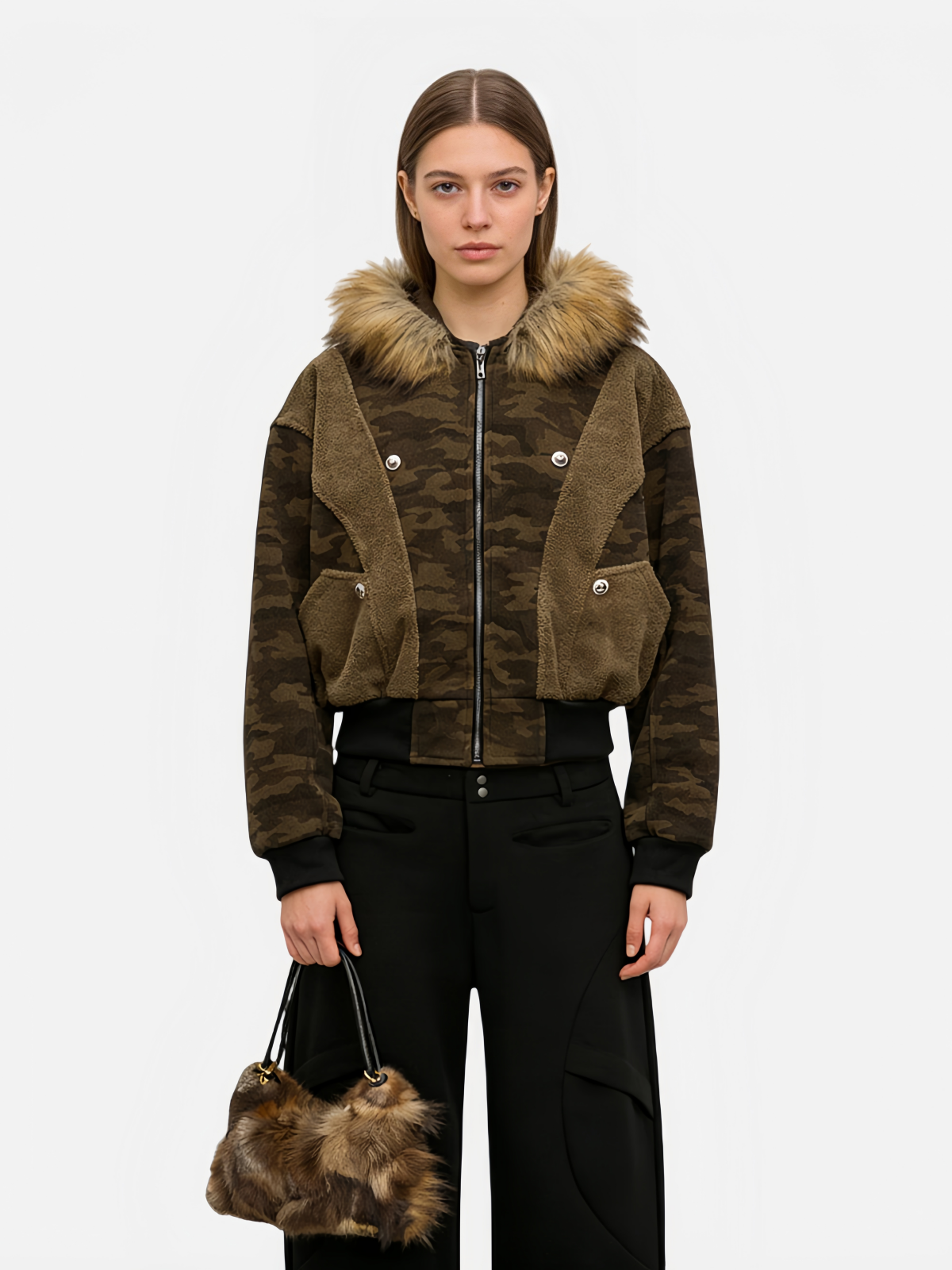 Patchwork Shearling Bucket Tote Bag