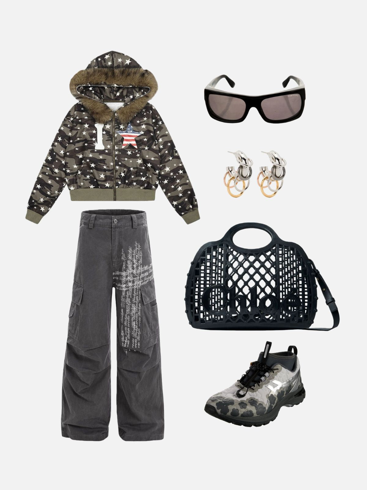 Haaura Graffiti Script Wide-Leg Cargo Pants